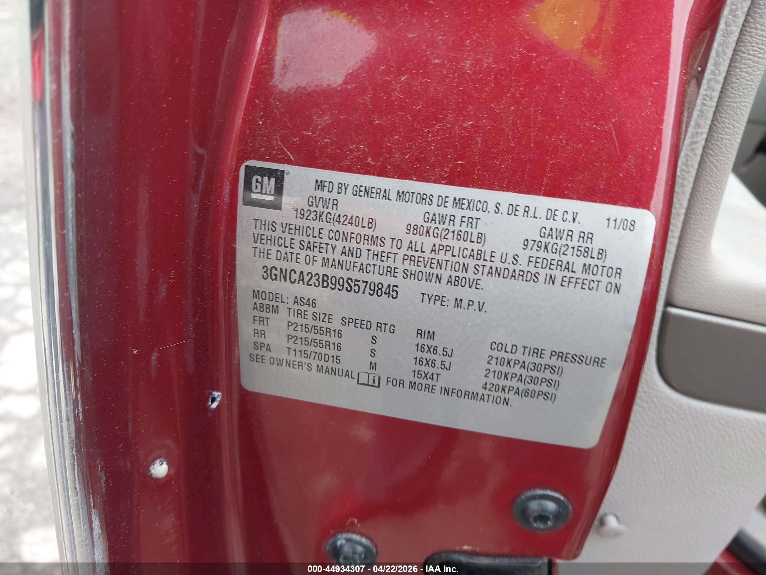 2009 Chevrolet Hhr Lt Red vin: 3GNCA23B99S579845