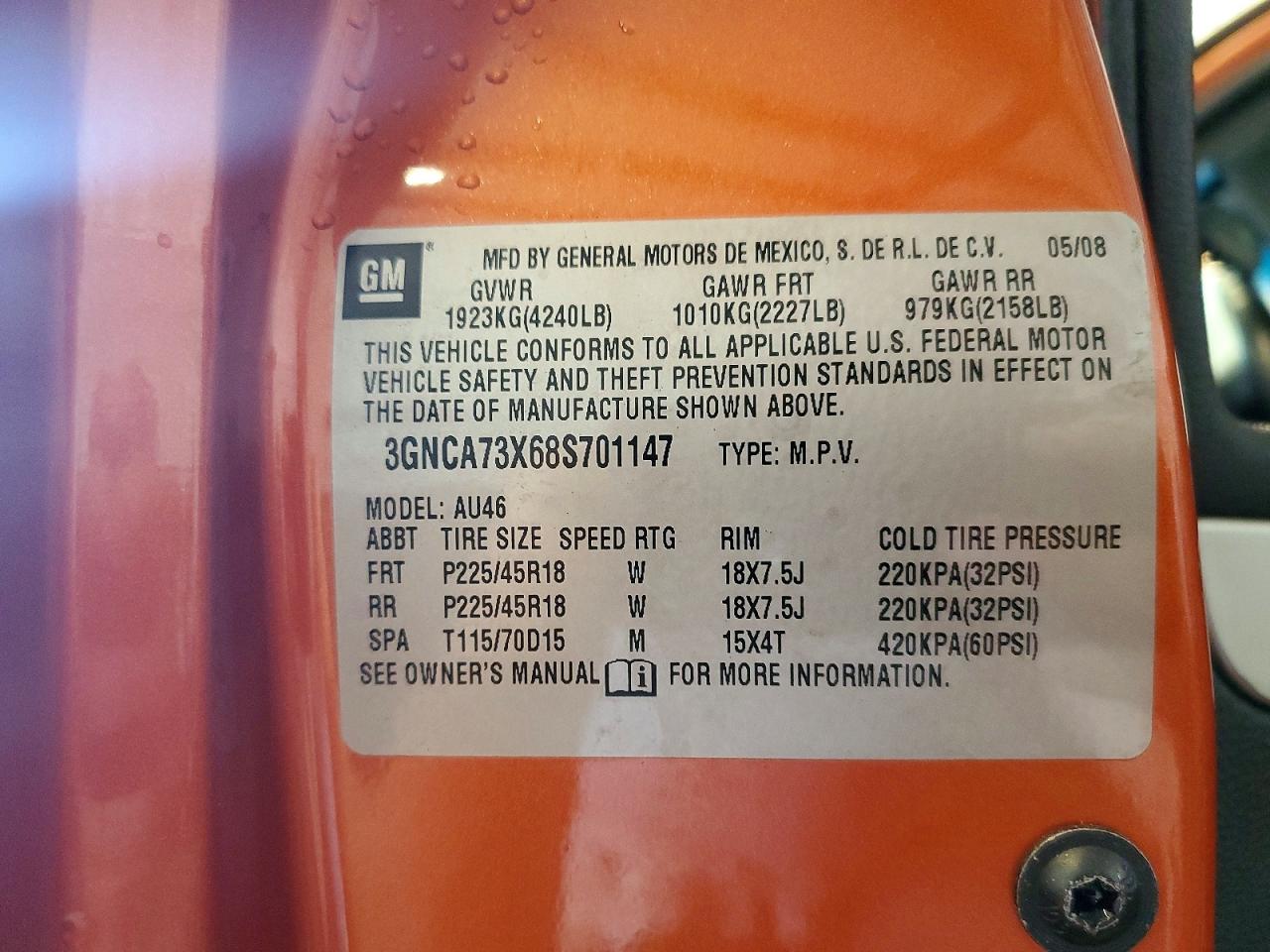 2008 Chevrolet Hhr Ss Orange vin: 3GNCA73X68S701147