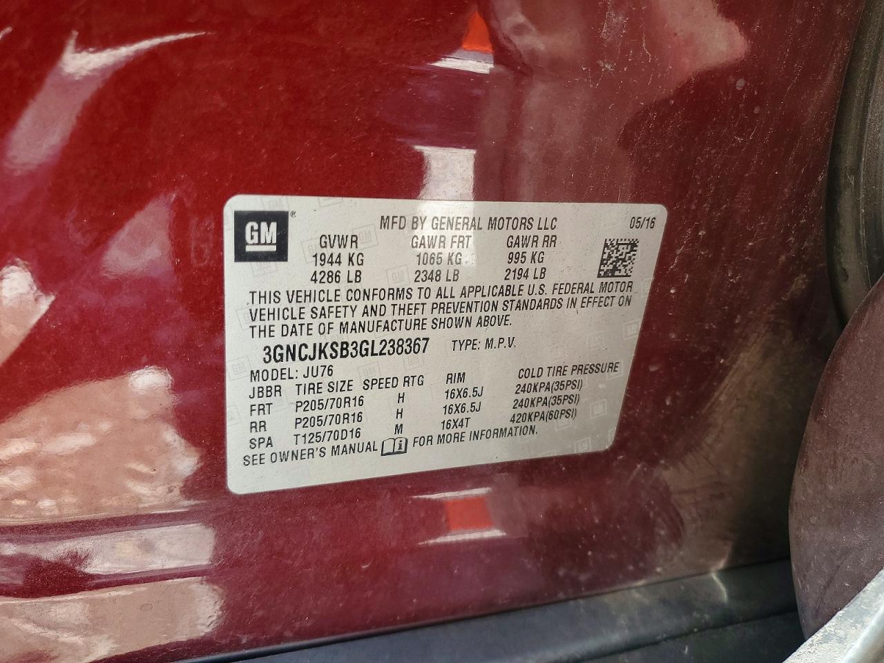 2016 Chevrolet Trax Ls Burgundy vin: 3GNCJKSB3GL238367