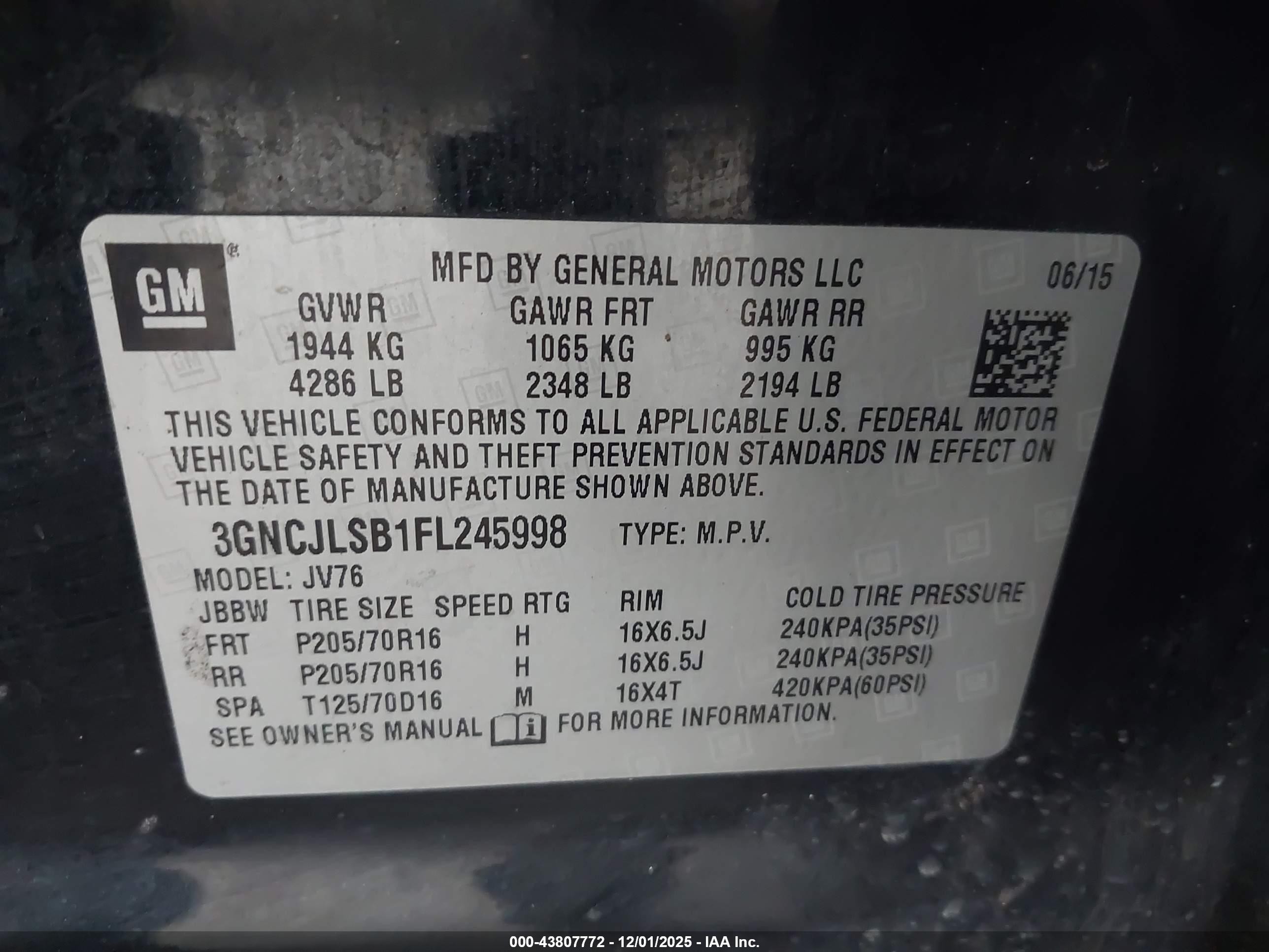 2015 Chevrolet Trax Lt Черный vin: 3GNCJLSB1FL245998