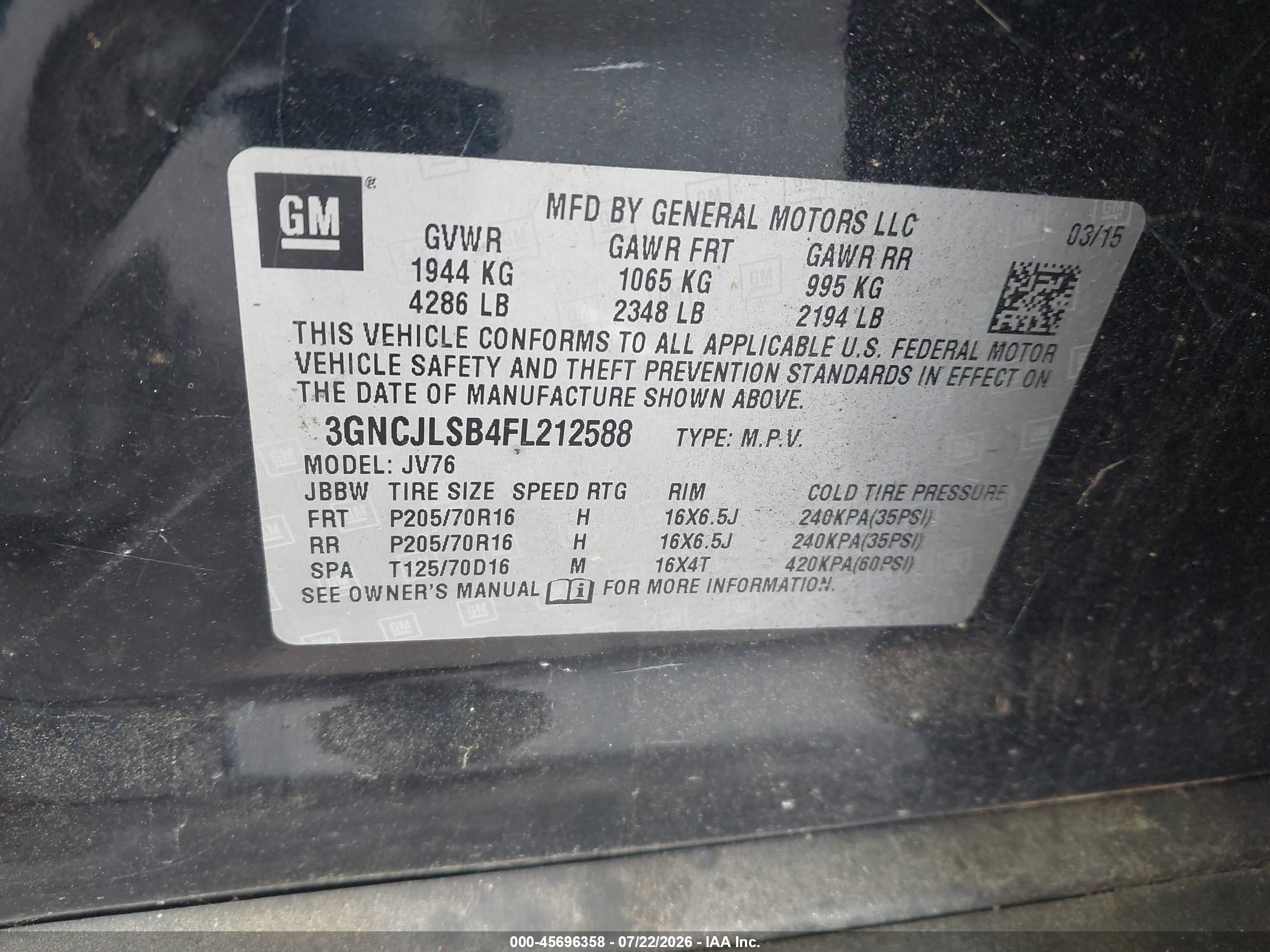 2015 Chevrolet Trax Lt Черный vin: 3GNCJLSB4FL212588