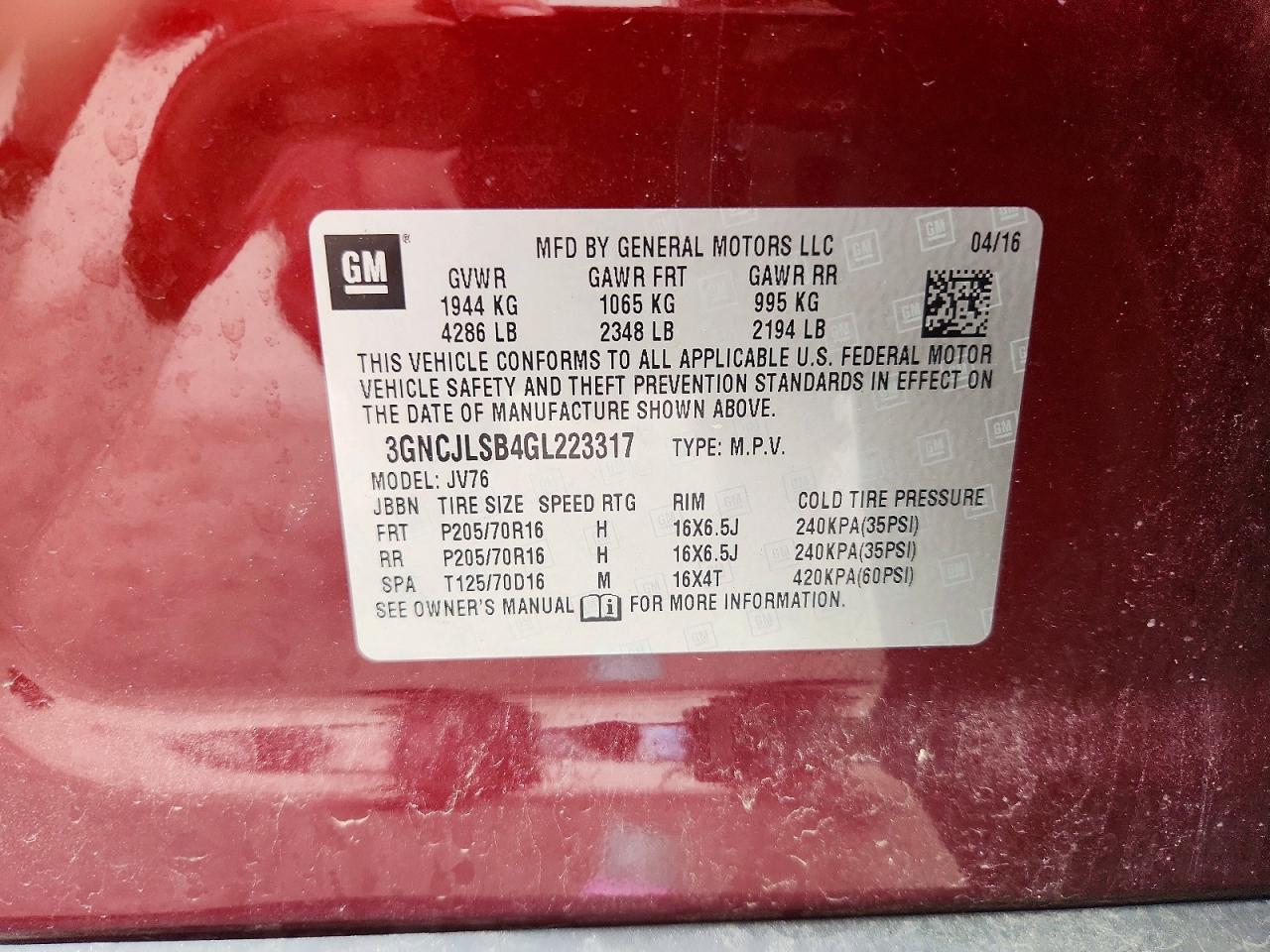 2016 Chevrolet Trax 1lt Maroon vin: 3GNCJLSB4GL223317
