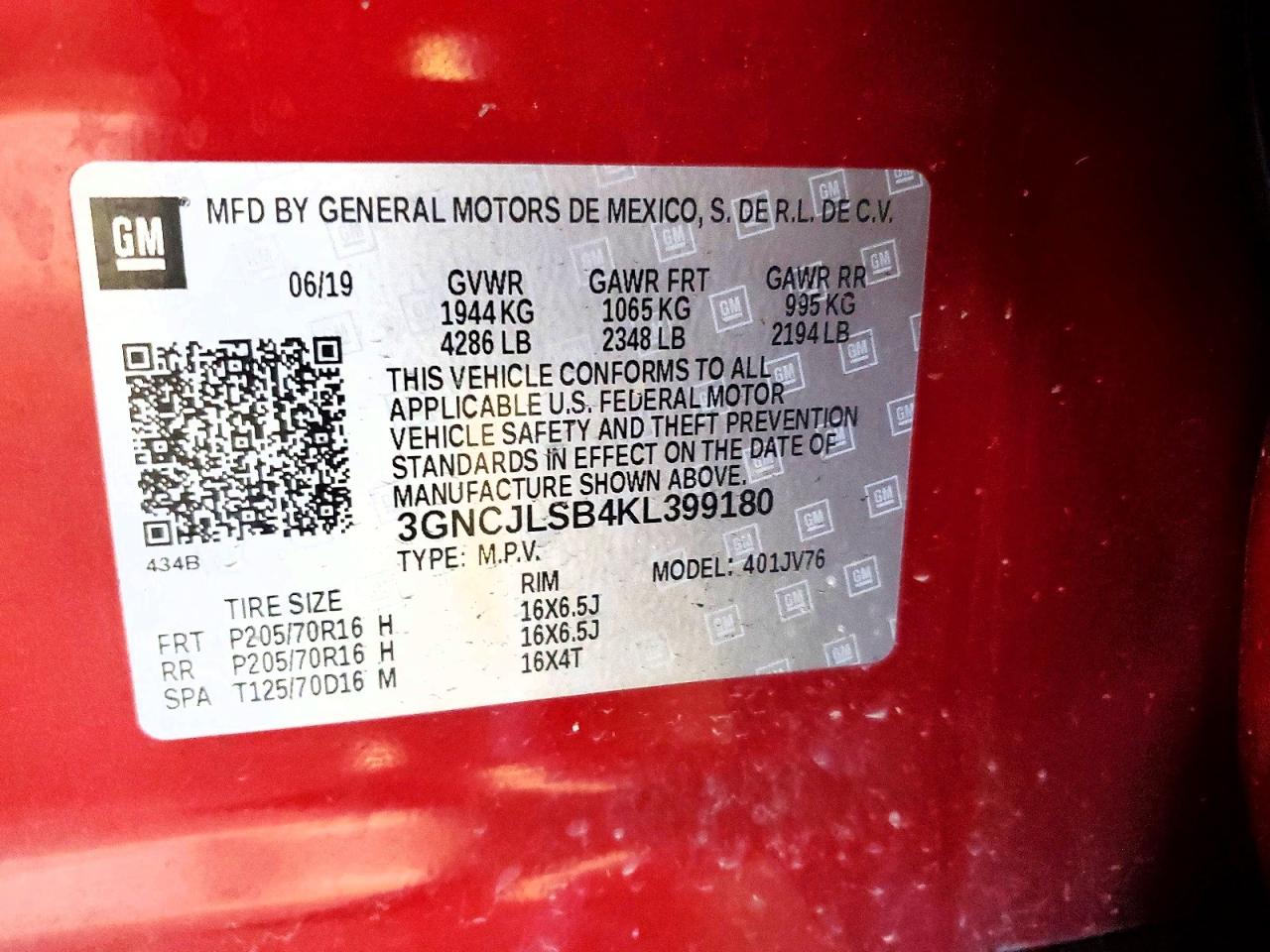 2019 Chevrolet Trax 1lt Red vin: 3GNCJLSB4KL399180