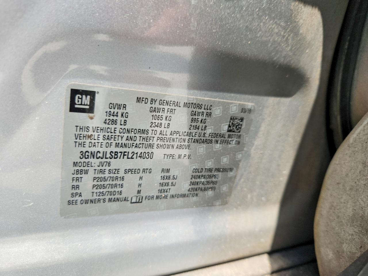 2015 Chevrolet Trax 1lt Silver vin: 3GNCJLSB7FL214030