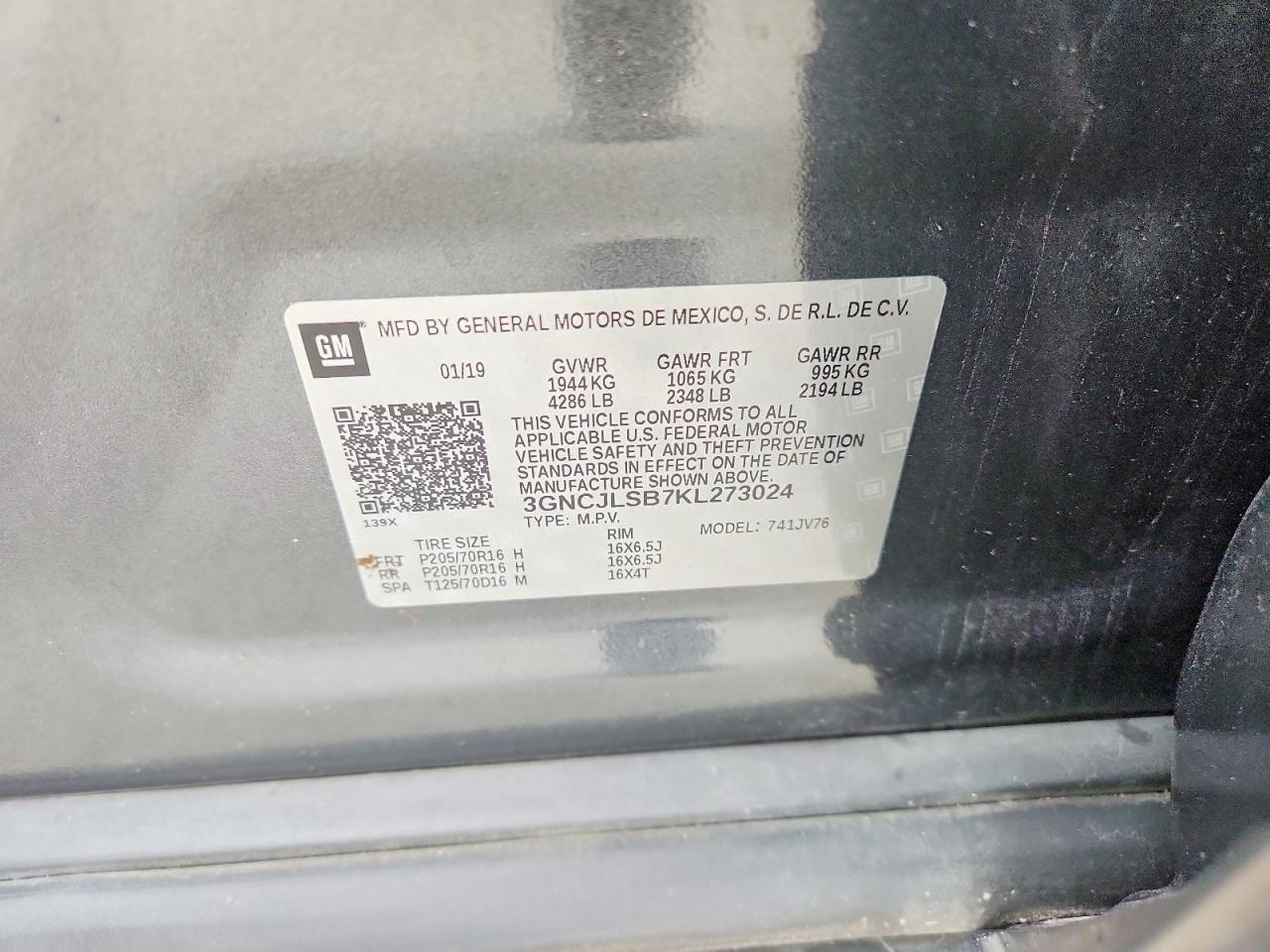 2019 Chevrolet Trax 1lt Charcoal vin: 3GNCJLSB7KL273024