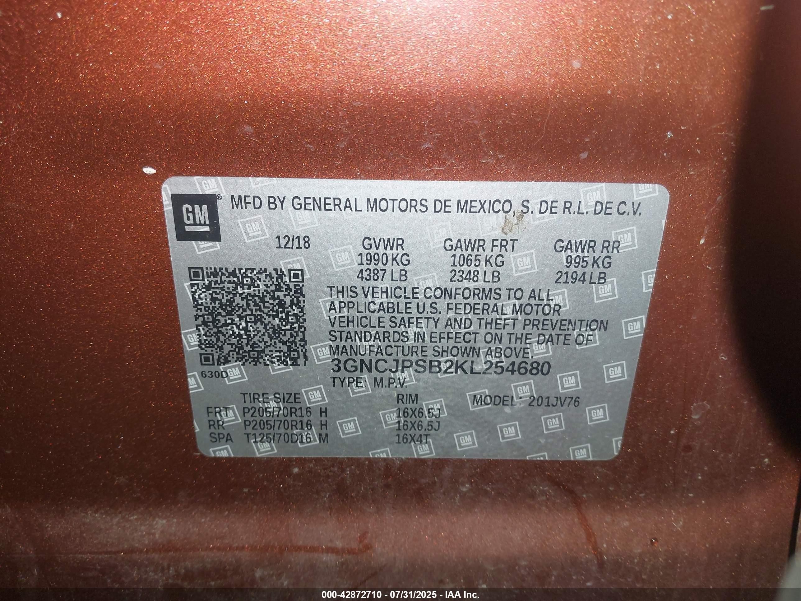 2019 Chevrolet Trax Lt Orange vin: 3GNCJPSB2KL254680