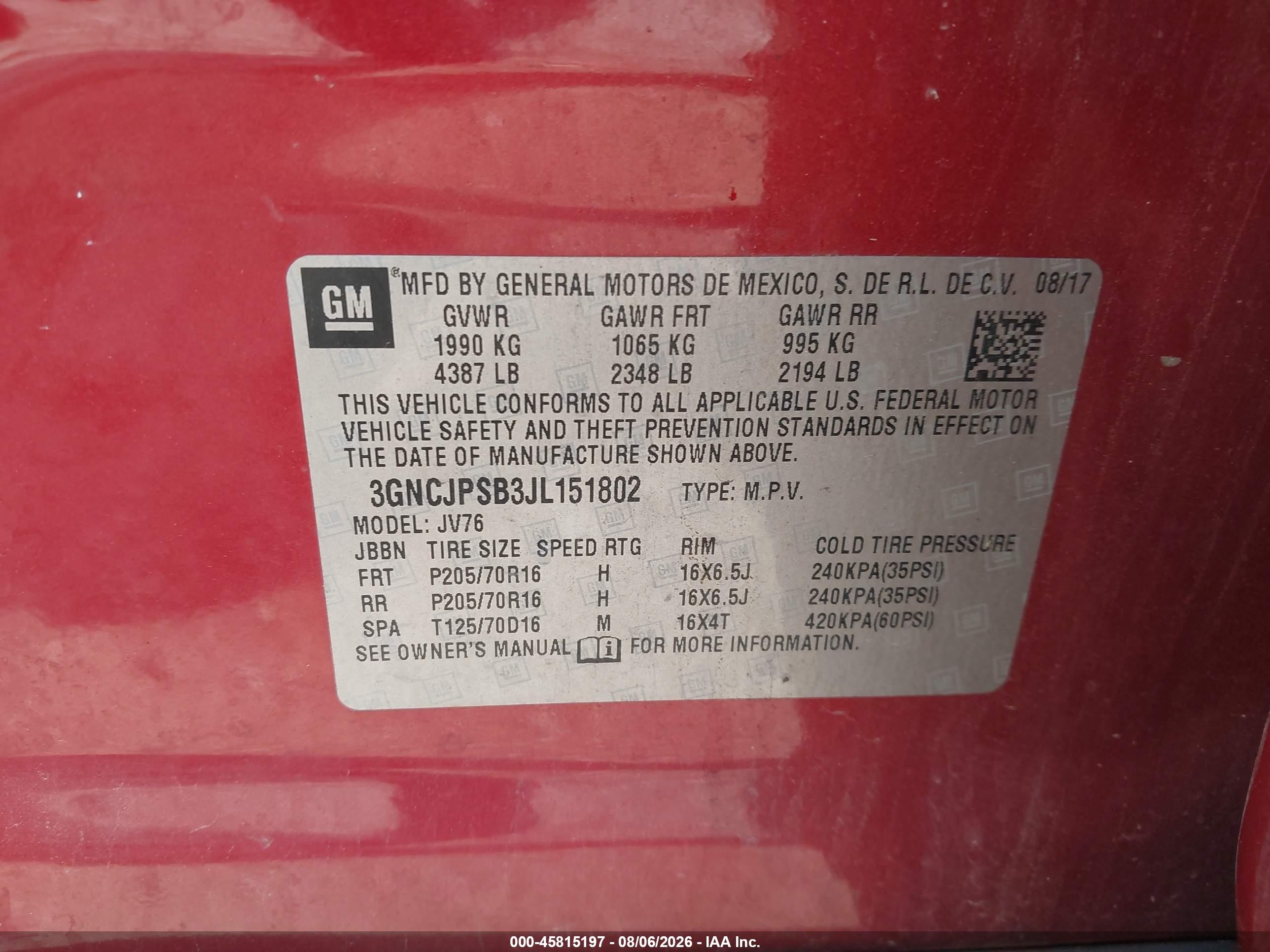 2018 Chevrolet Trax Lt Бордовый vin: 3GNCJPSB3JL151802