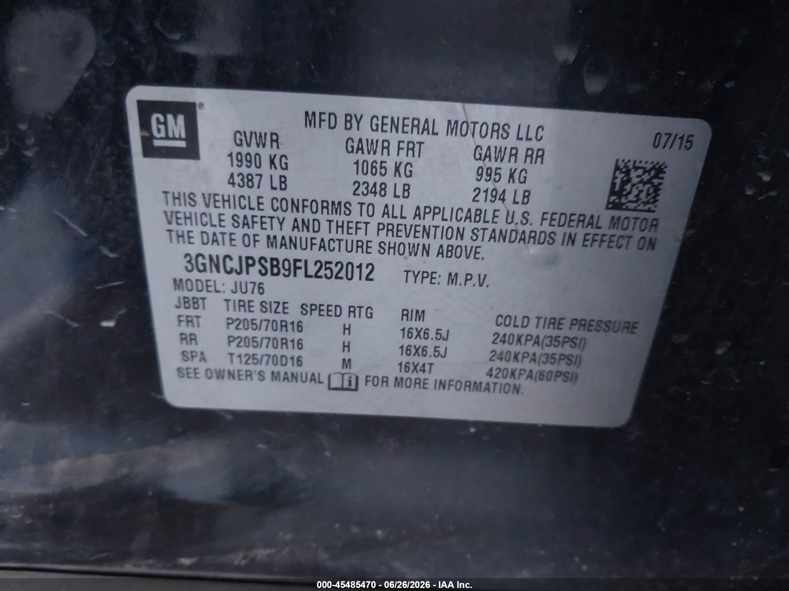 2015 Chevrolet Trax Ls Черный vin: 3GNCJPSB9FL252012
