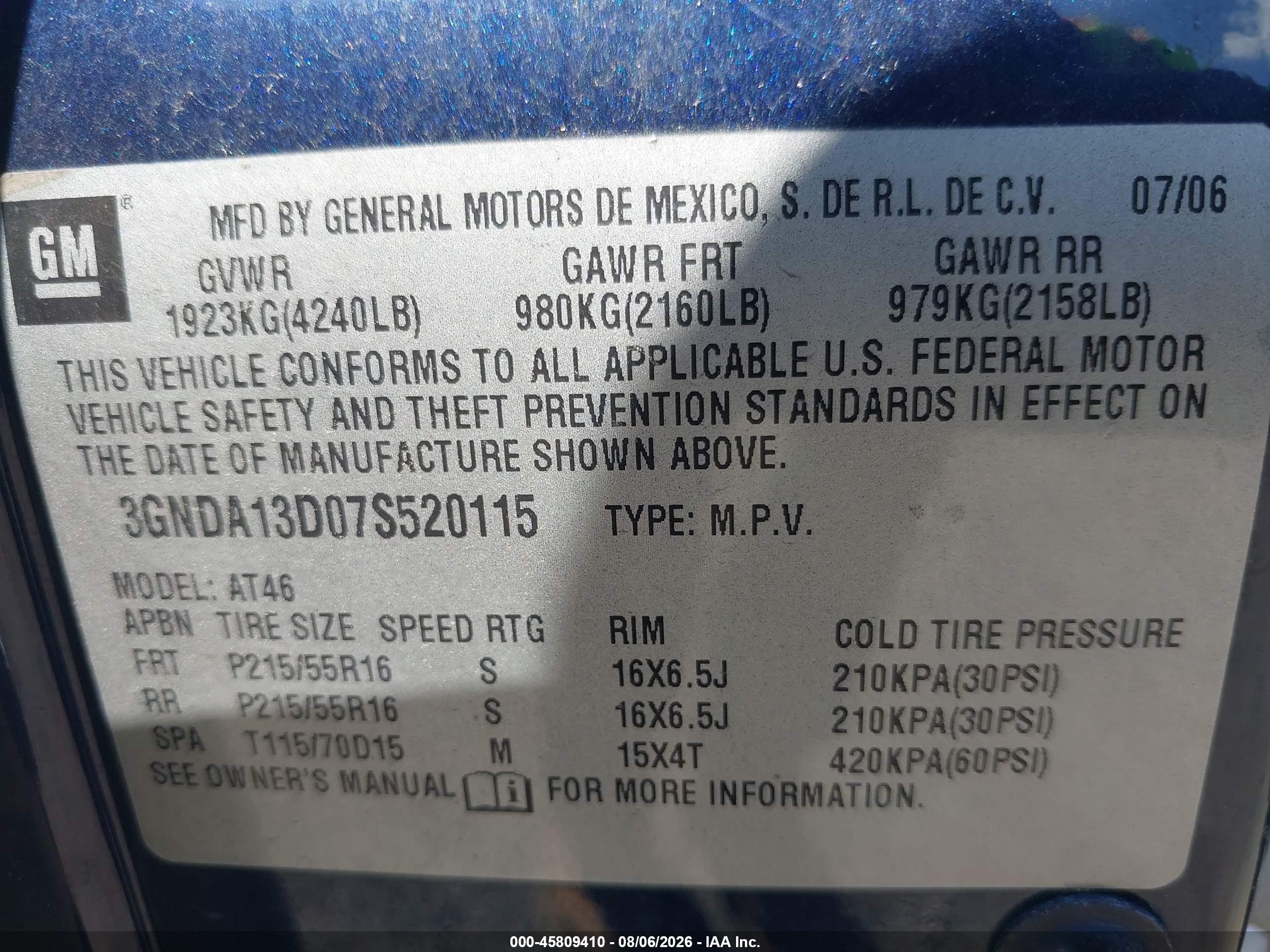 2007 Chevrolet Hhr Ls Blue vin: 3GNDA13D07S520115