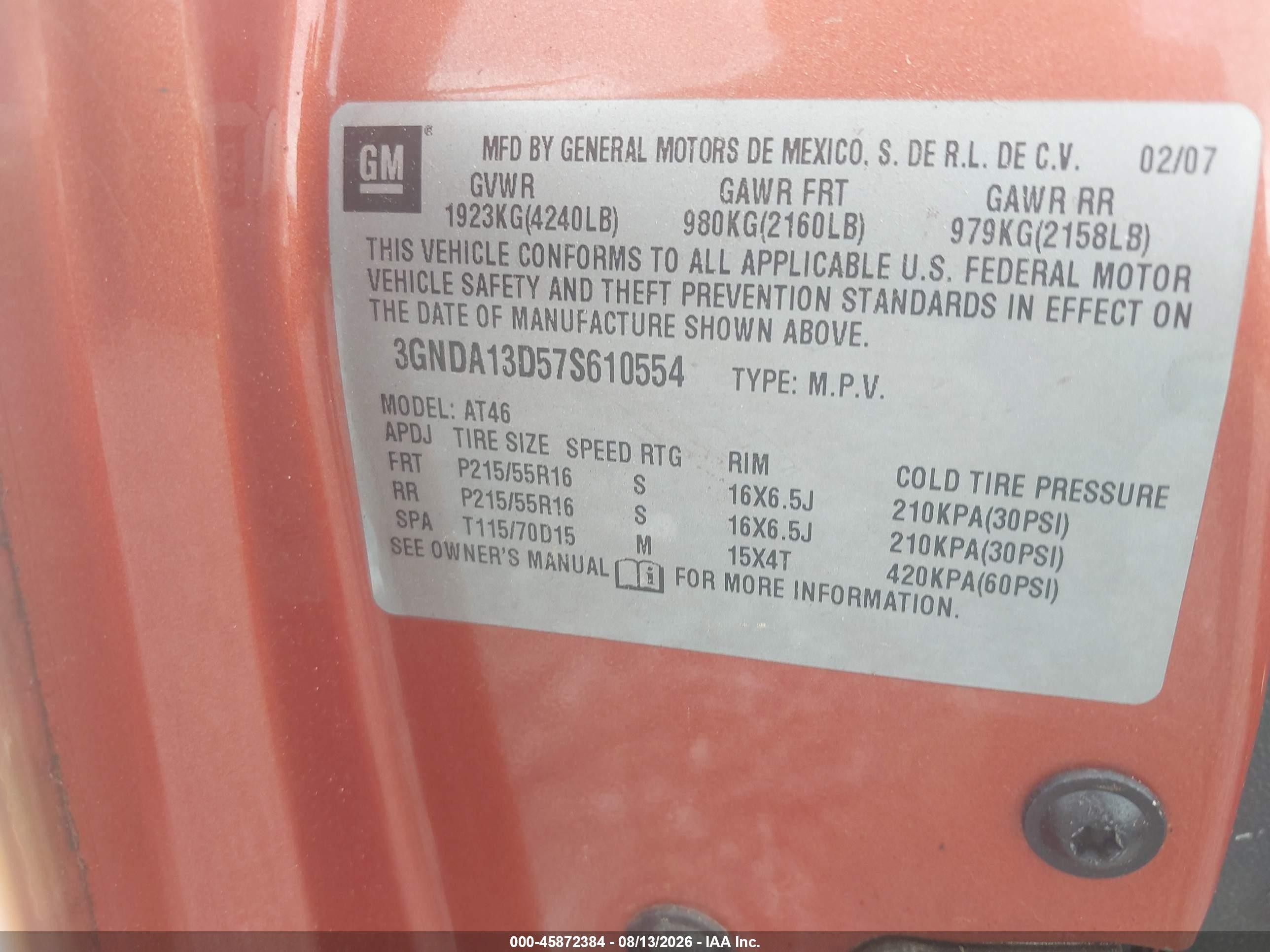 2007 Chevrolet Hhr Ls Orange vin: 3GNDA13D57S610554