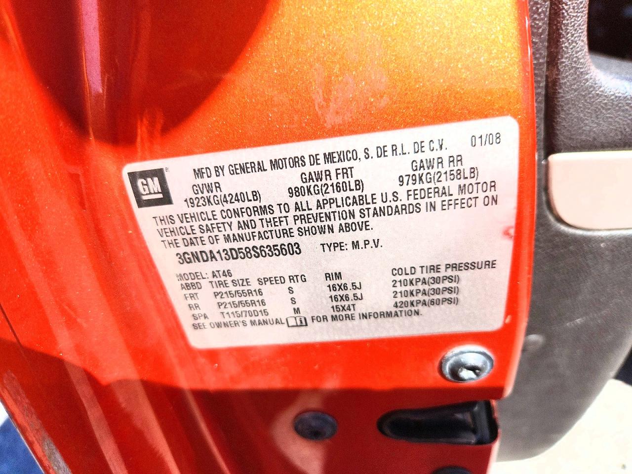 2008 Chevrolet Hhr Ls Orange vin: 3GNDA13D58S635603