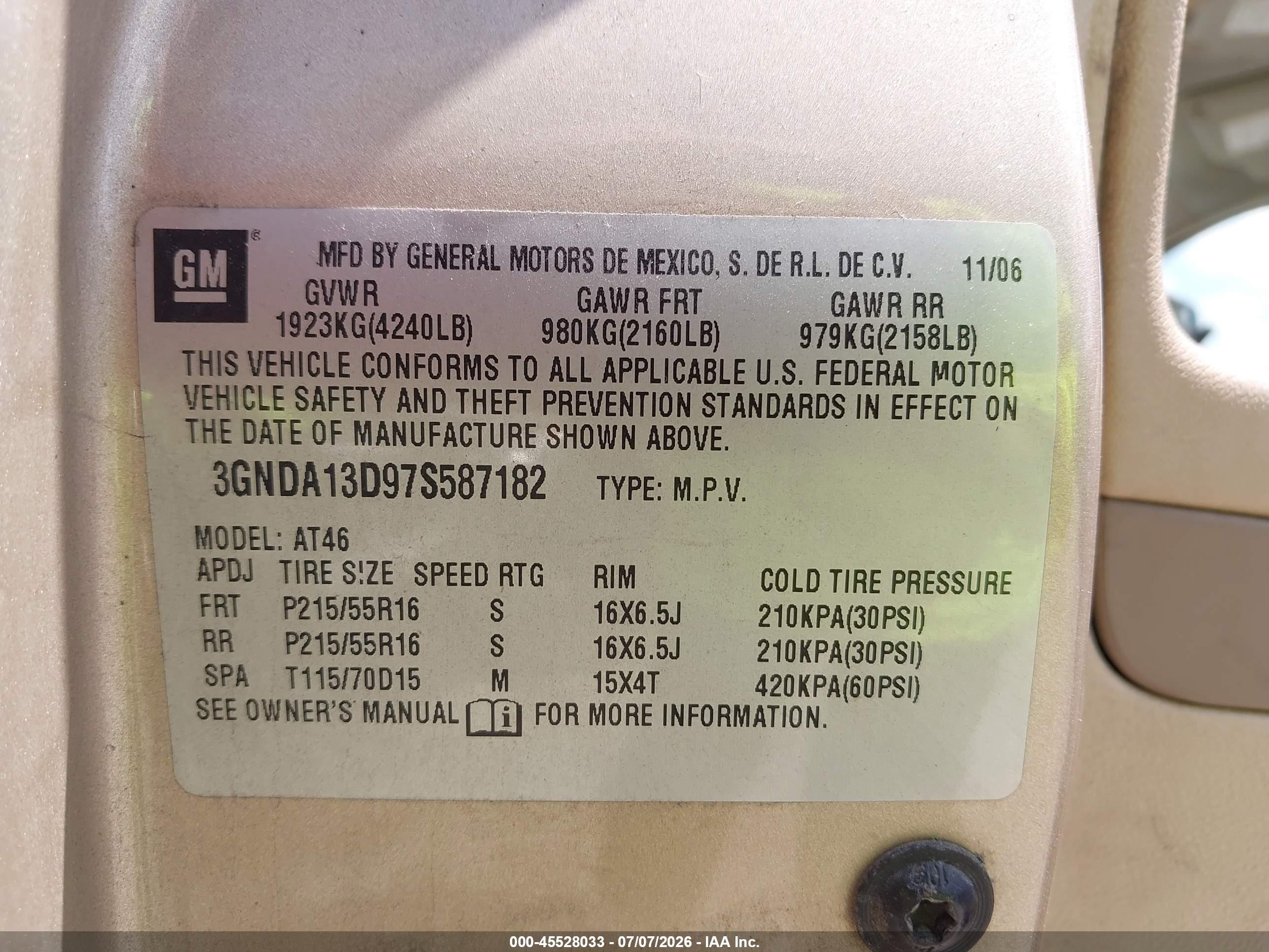 2007 Chevrolet Hhr Ls Champagne vin: 3GNDA13D97S587182
