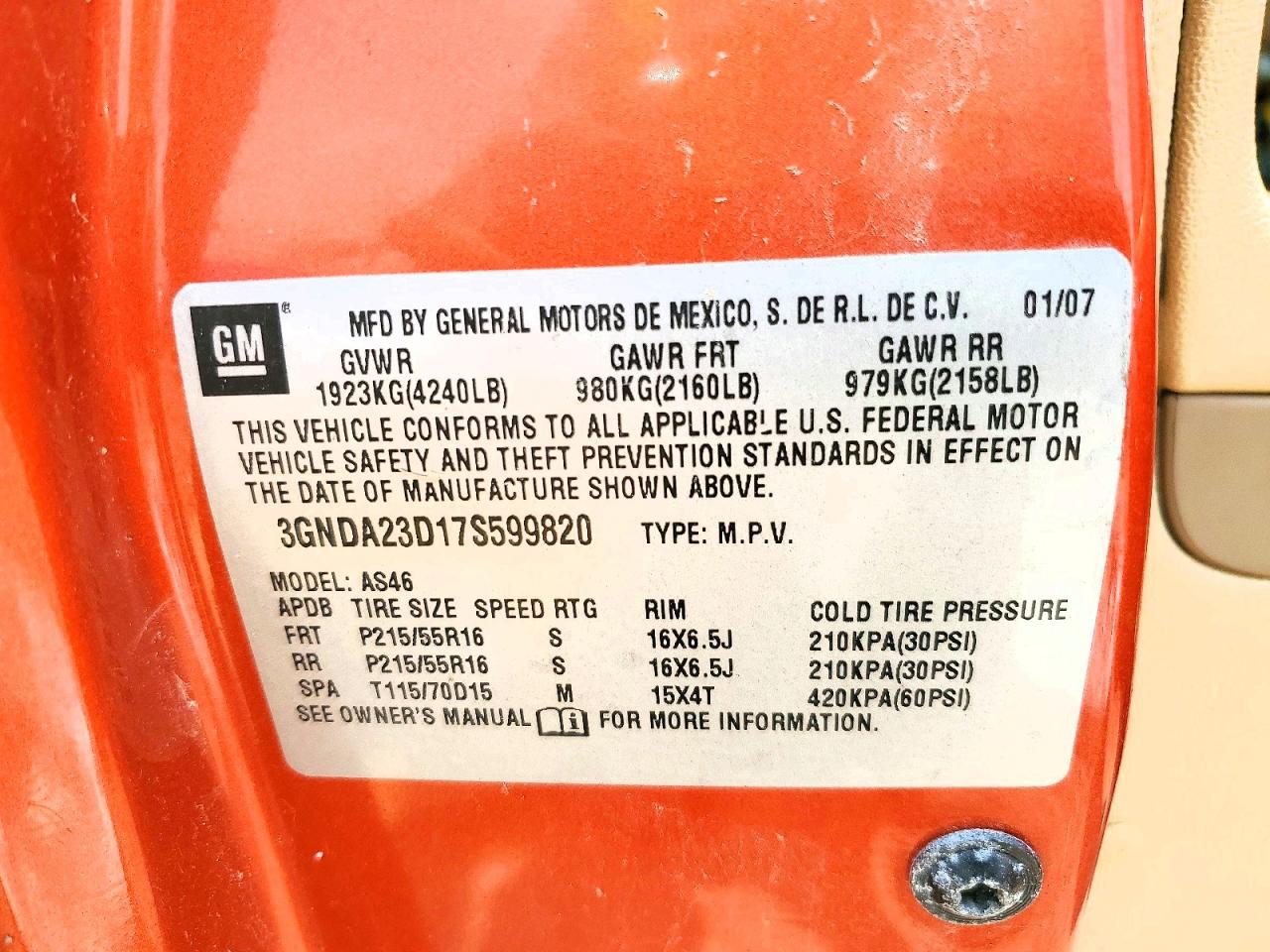 2007 Chevrolet Hhr Lt Orange vin: 3GNDA23D17S599820