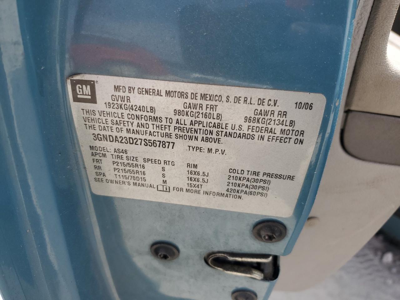 2007 Chevrolet Hhr Lt Teal vin: 3GNDA23D27S567877