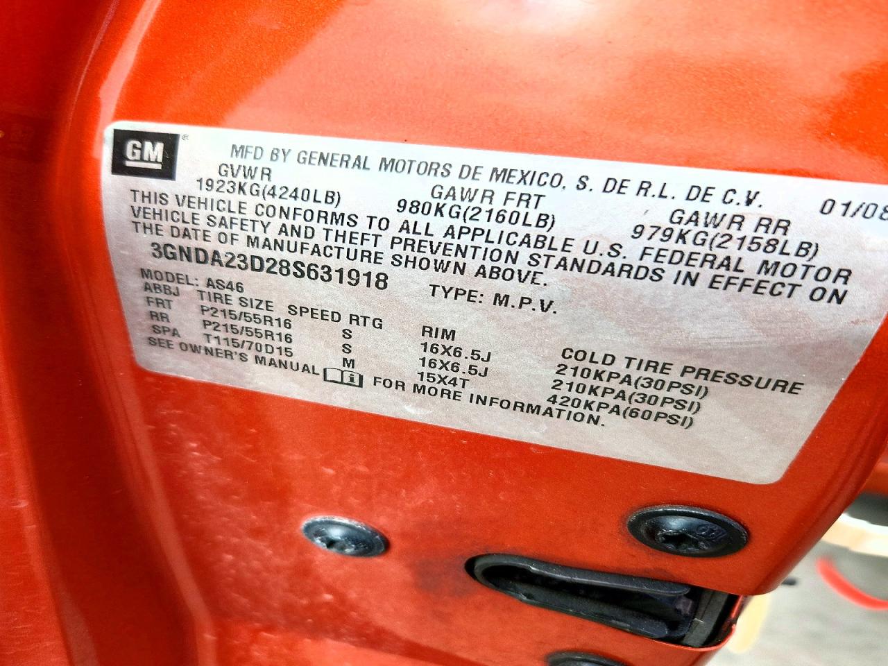 2008 Chevrolet Hhr Lt Orange vin: 3GNDA23D28S631918