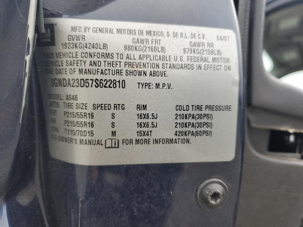 2007 Chevrolet Hhr Lt Blue vin: 3GNDA23D57S622810