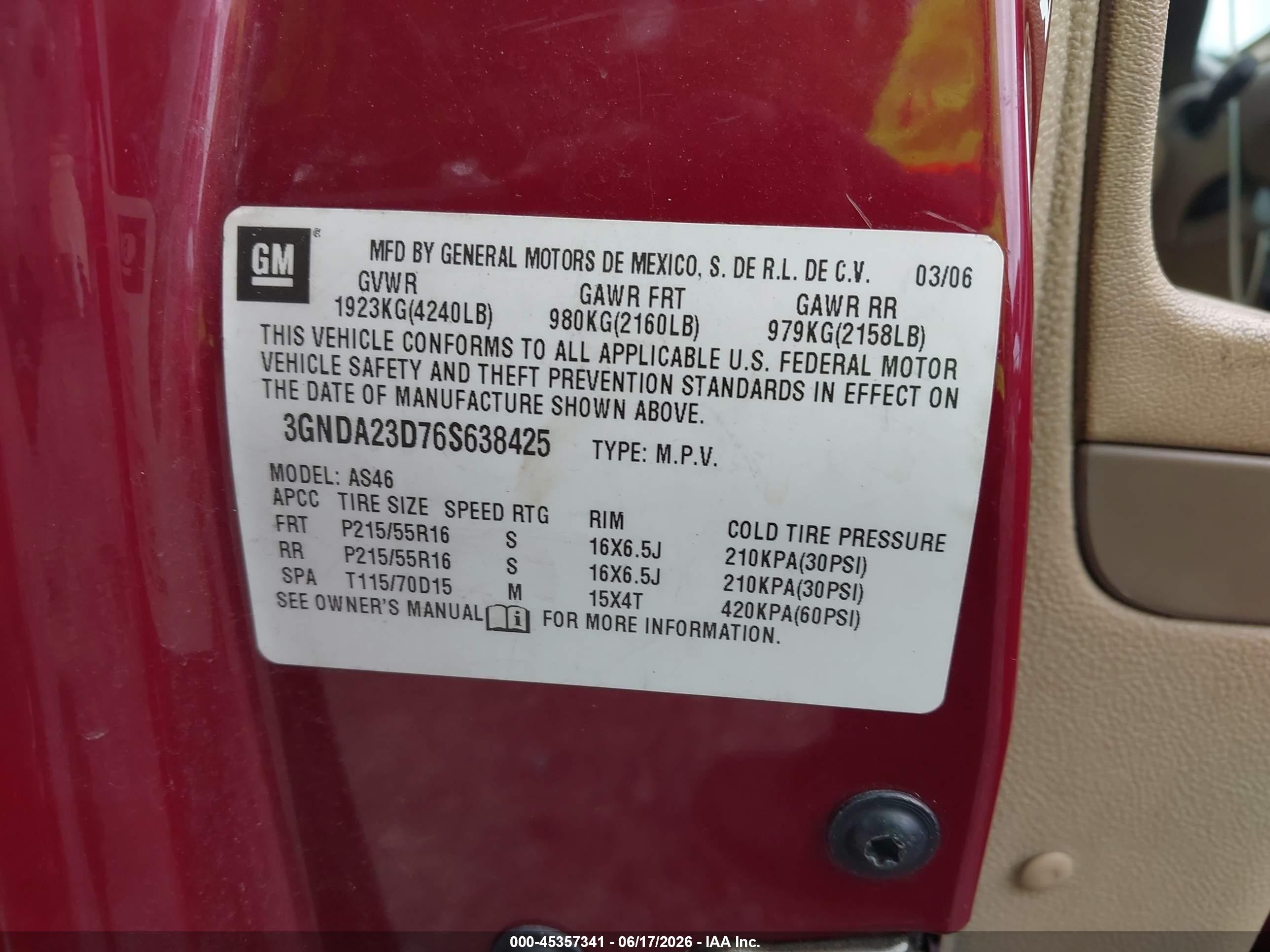 2006 Chevrolet Hhr Lt Red vin: 3GNDA23D76S638425