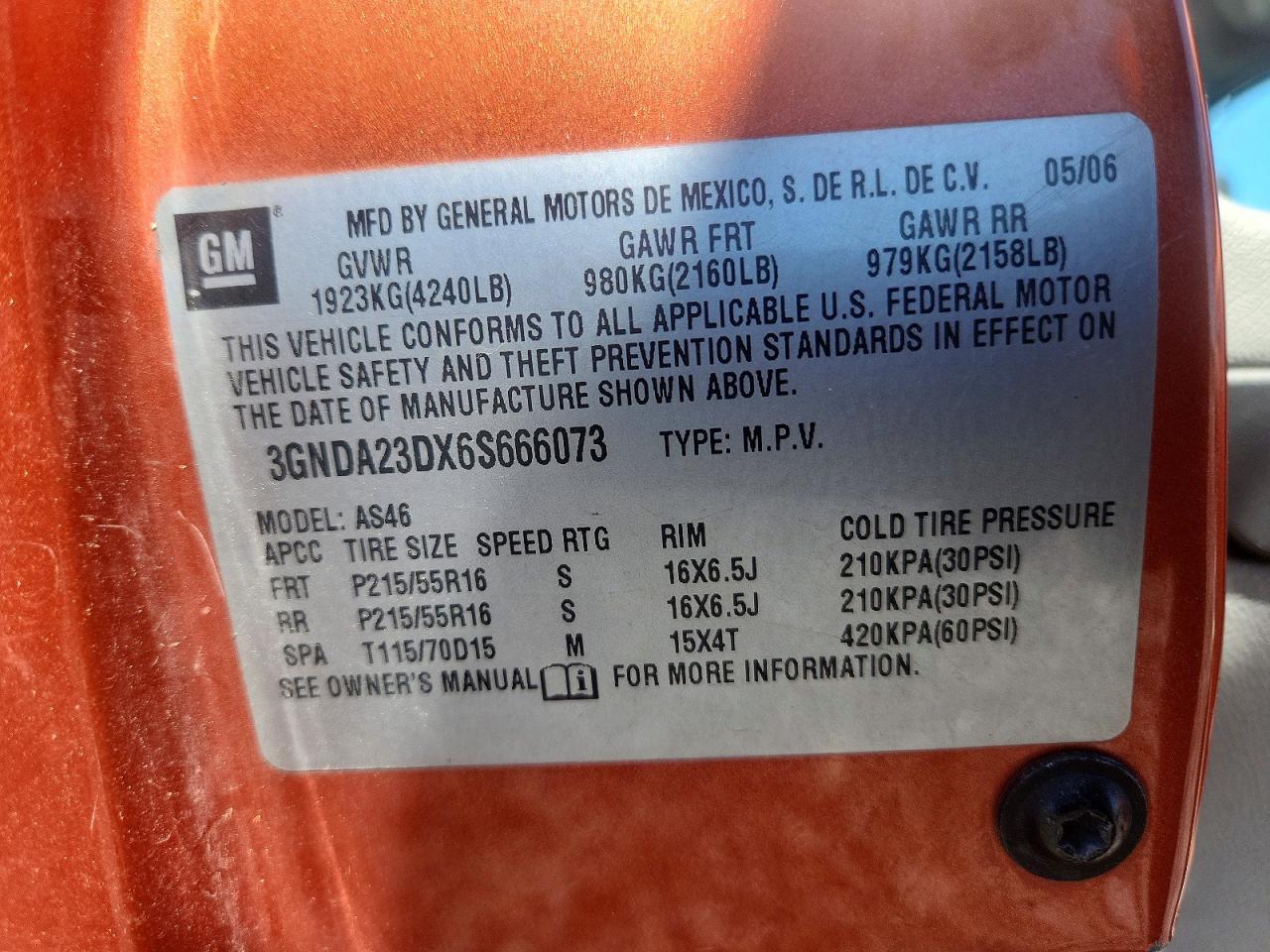 2006 Chevrolet Hhr Lt Orange vin: 3GNDA23DX6S666073