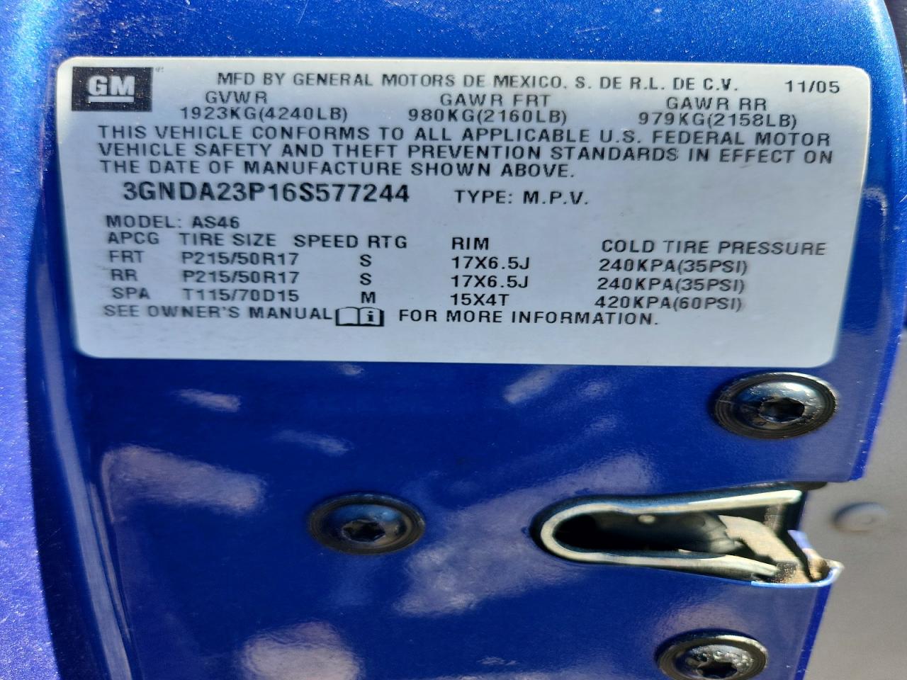 2006 Chevrolet Hhr Lt Blue vin: 3GNDA23P16S577244