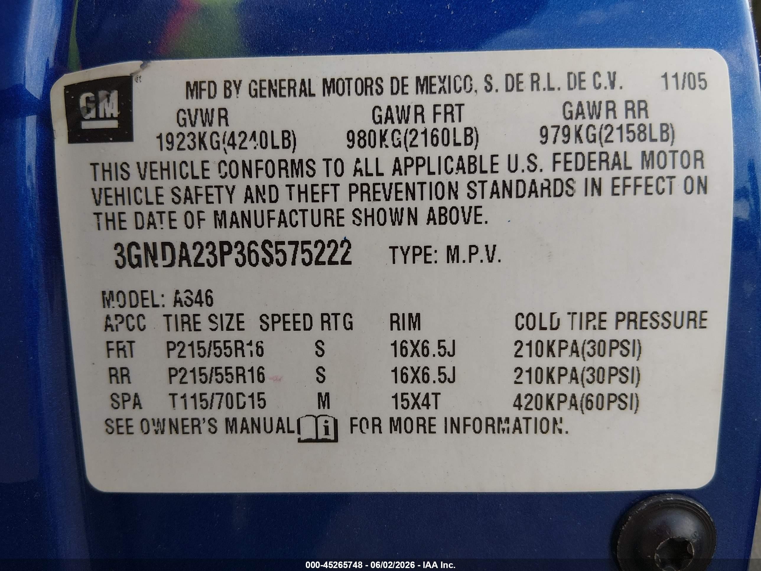 2006 Chevrolet Hhr Lt Blue vin: 3GNDA23P36S575222
