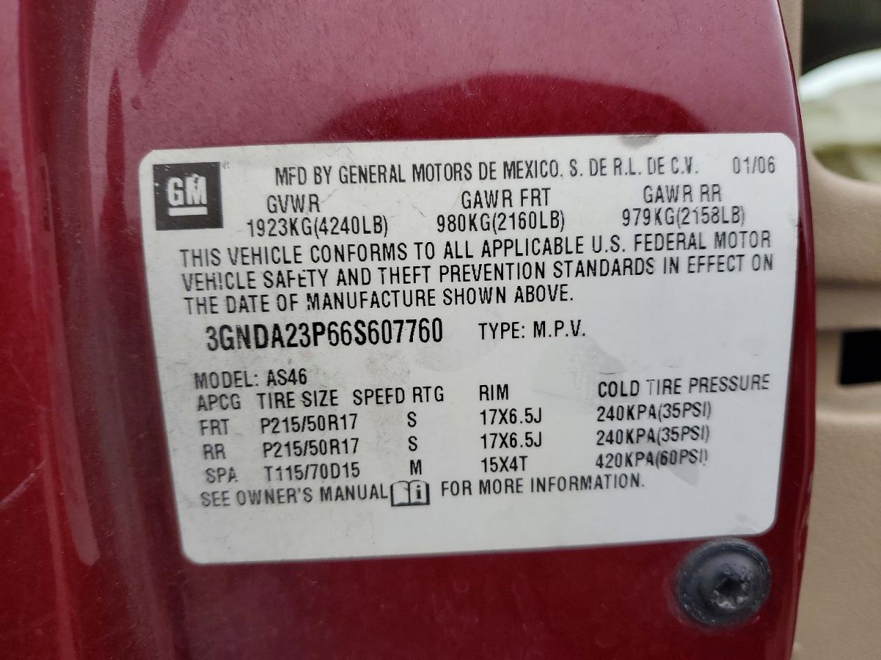 2006 Chevrolet Hhr Lt Red vin: 3GNDA23P66S607760