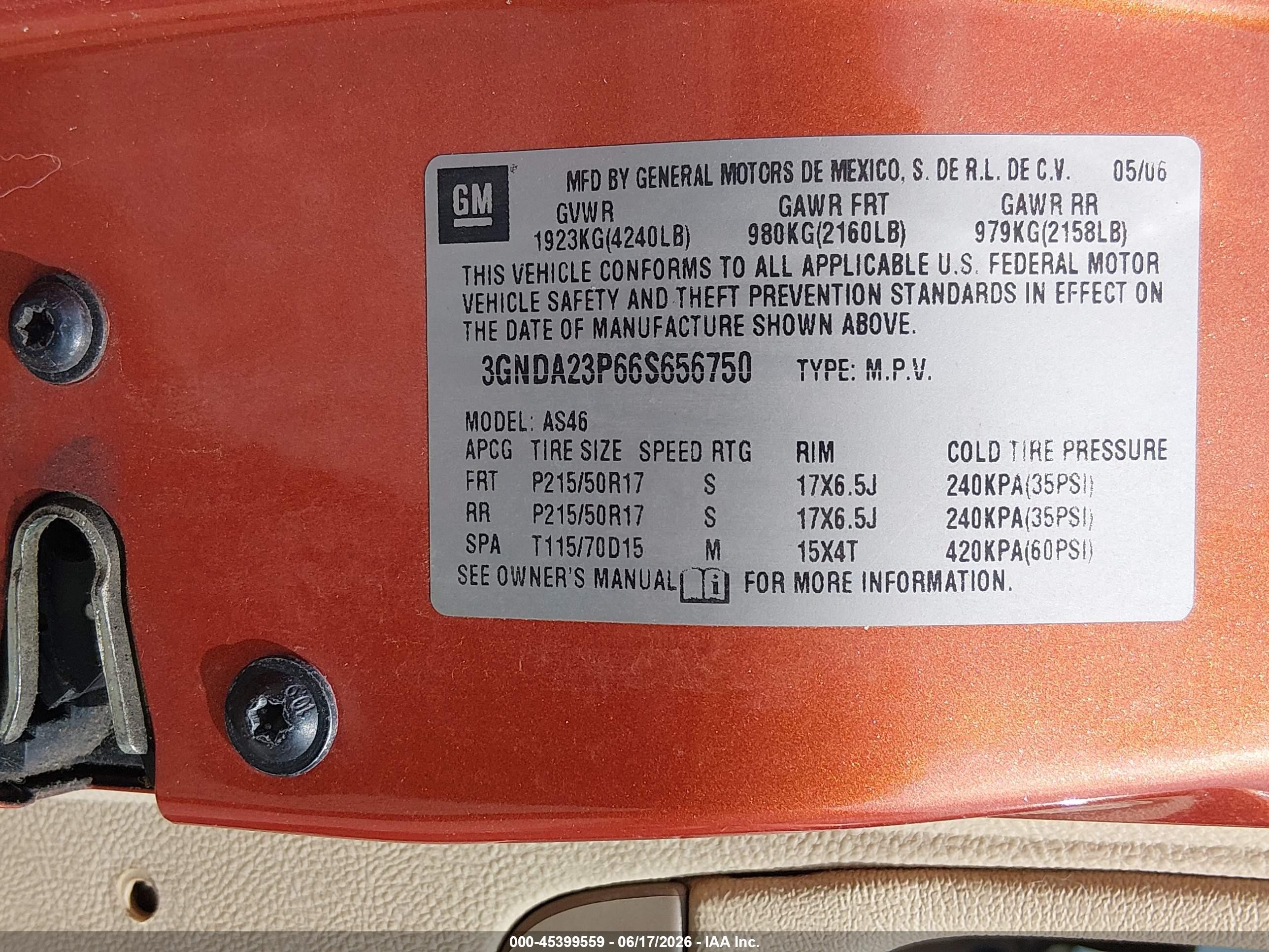 2006 Chevrolet Hhr Lt Orange vin: 3GNDA23P66S656750