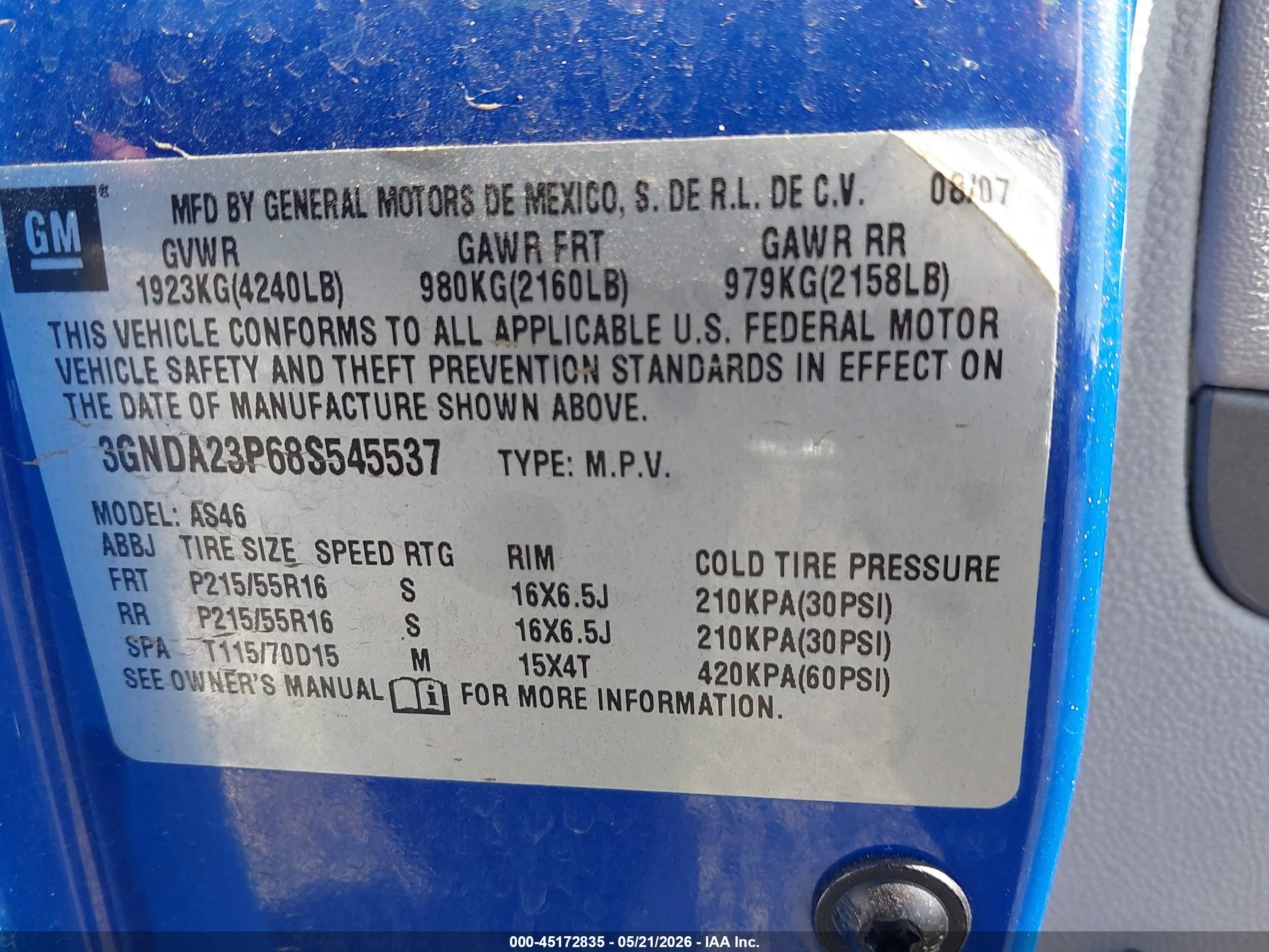 2008 Chevrolet Hhr Lt Blue vin: 3GNDA23P68S545537