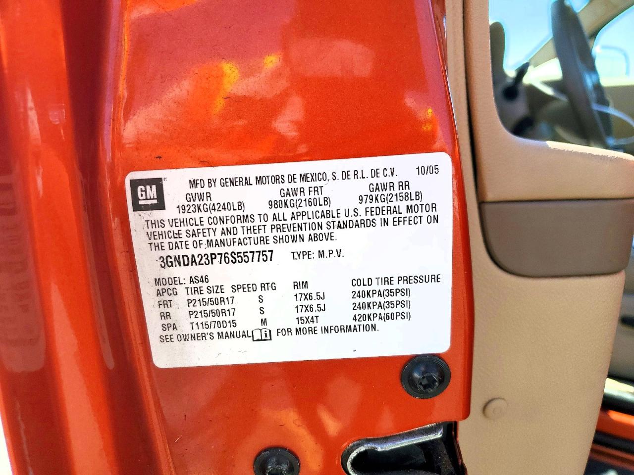 2006 Chevrolet Hhr Lt Orange vin: 3GNDA23P76S557757