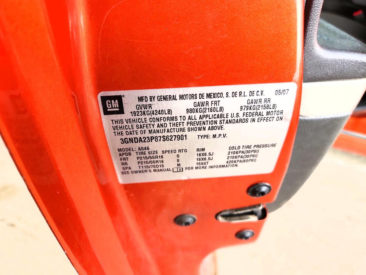 2007 Chevrolet Hhr Lt Orange vin: 3GNDA23P87S627901