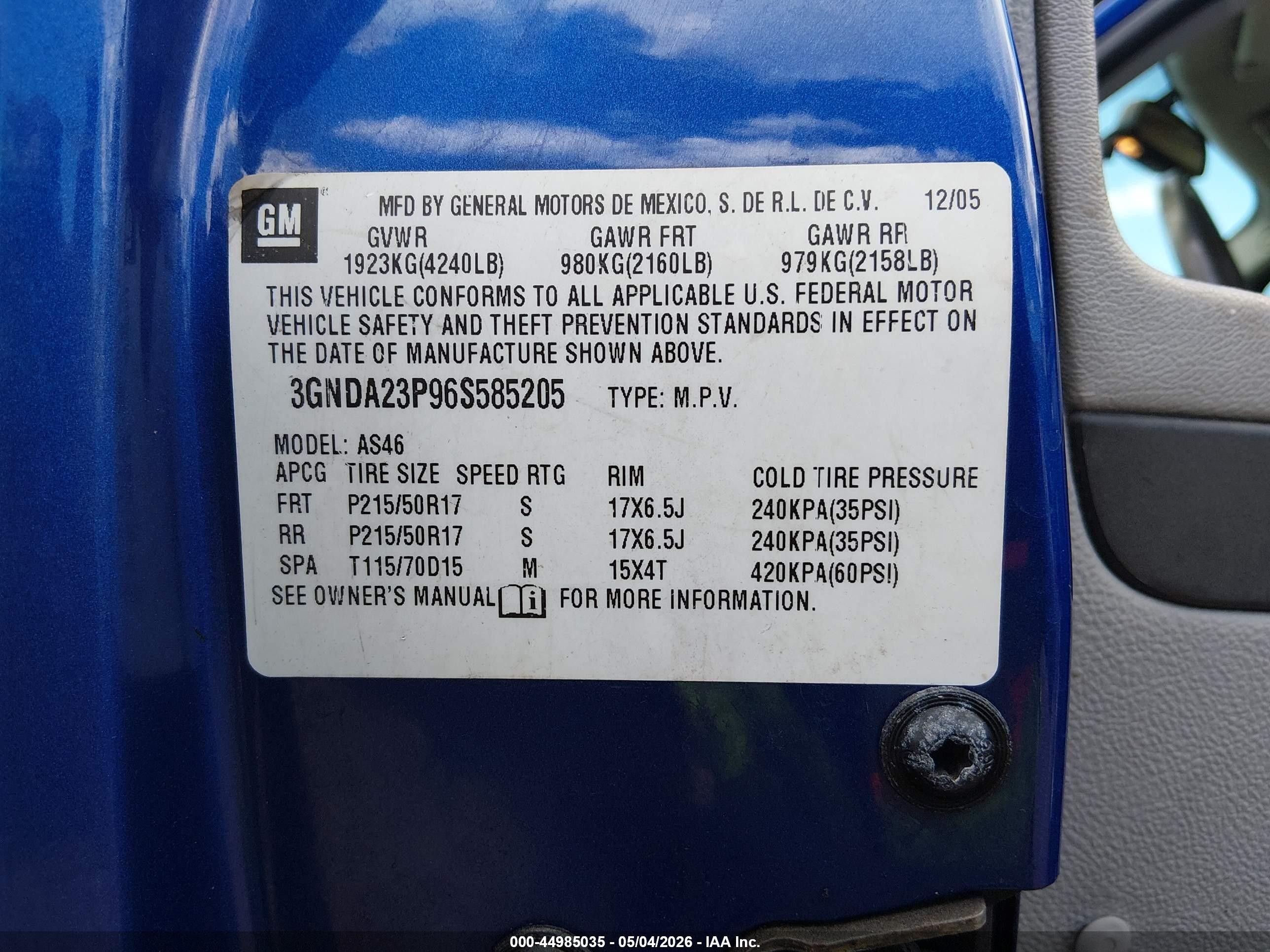2006 Chevrolet Hhr Lt Blue vin: 3GNDA23P96S585205