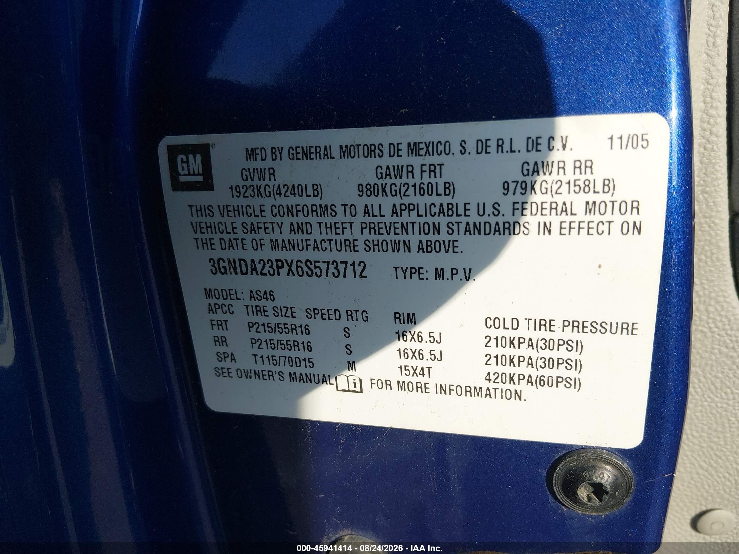2006 Chevrolet Hhr Lt Blue vin: 3GNDA23PX6S573712
