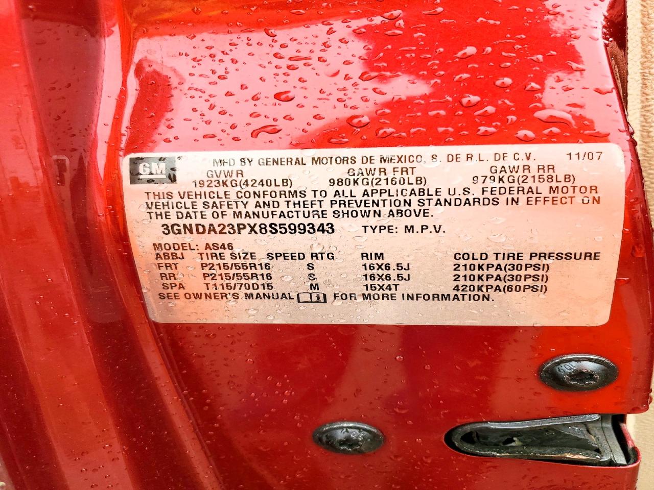 2008 Chevrolet Hhr Lt Red vin: 3GNDA23PX8S599343