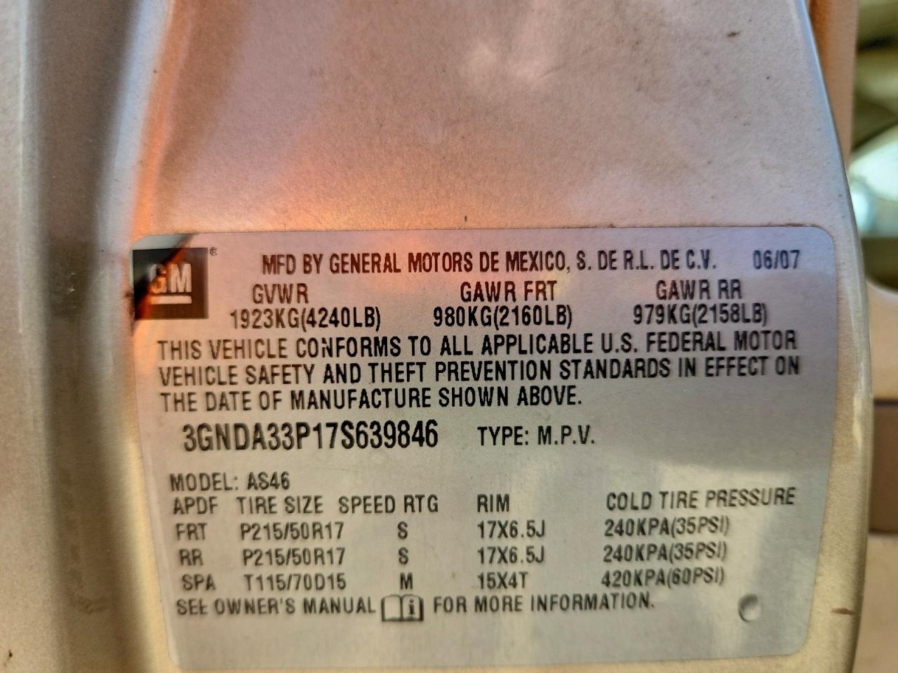 2007 Chevrolet Hhr Lt Beige vin: 3GNDA33P17S639846