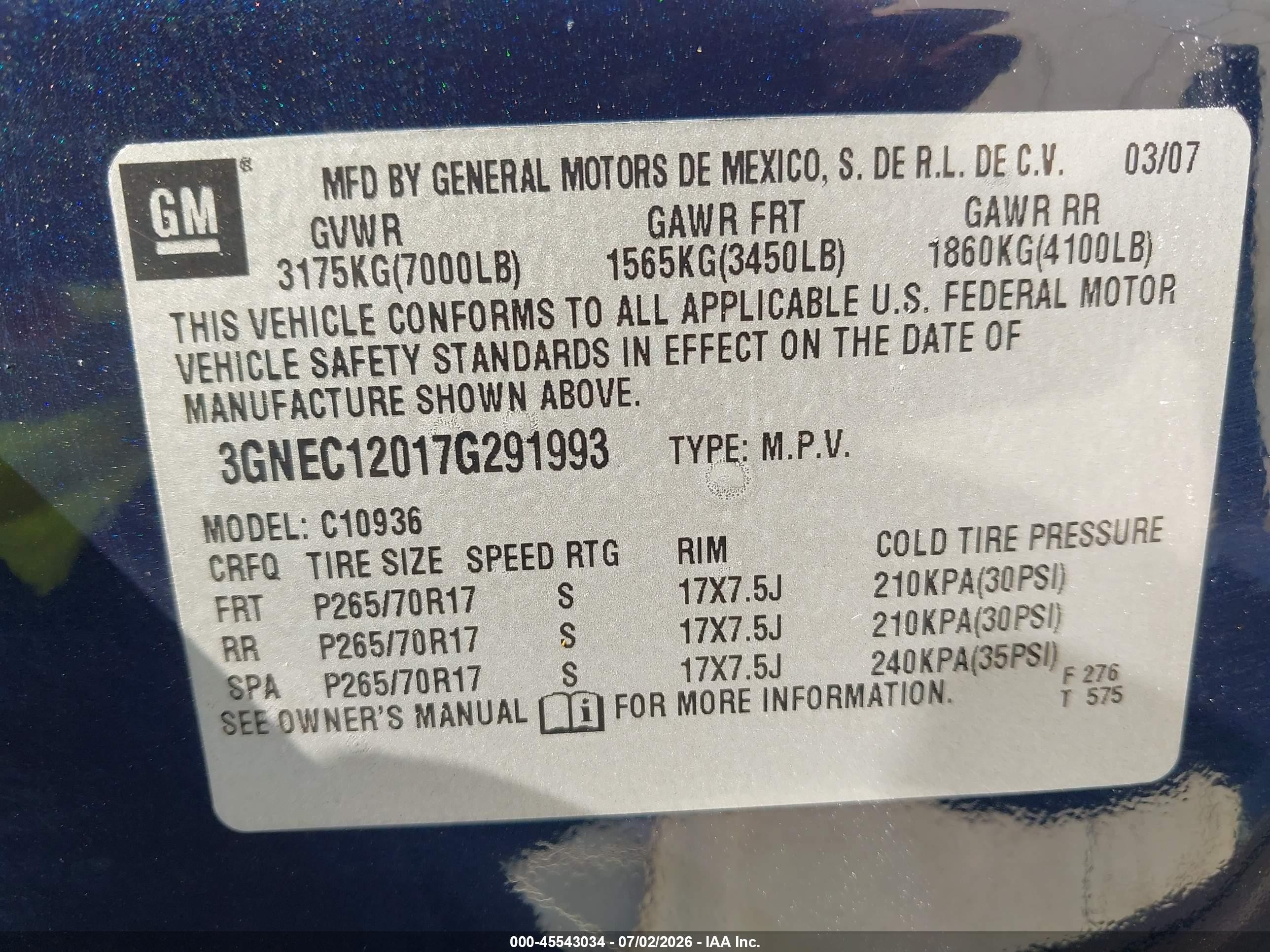 2007 Chevrolet Avalanche 1500 Lt Blue vin: 3GNEC12017G291993