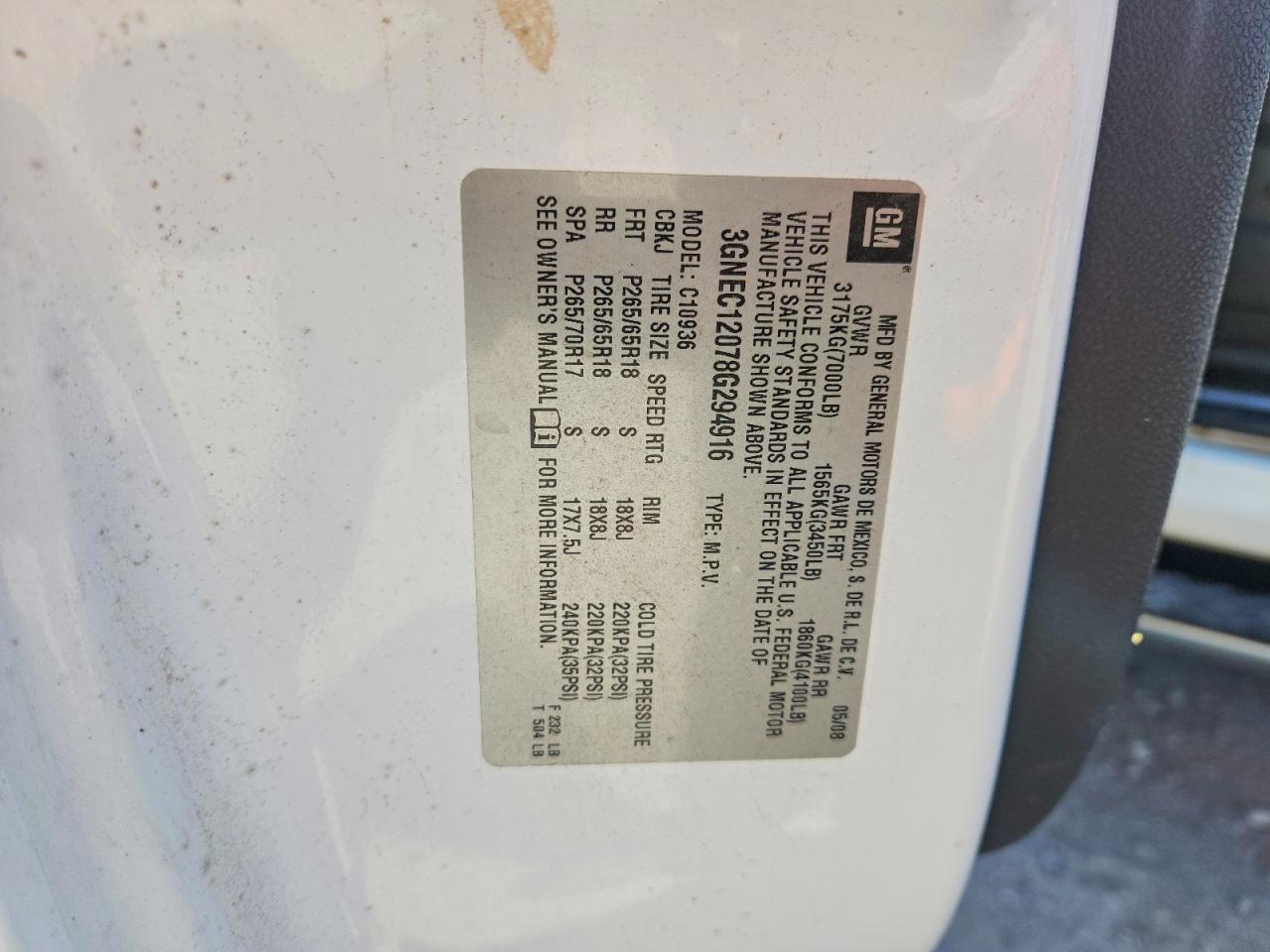 2008 Chevrolet Avalanche C1500 White vin: 3GNEC12078G294916