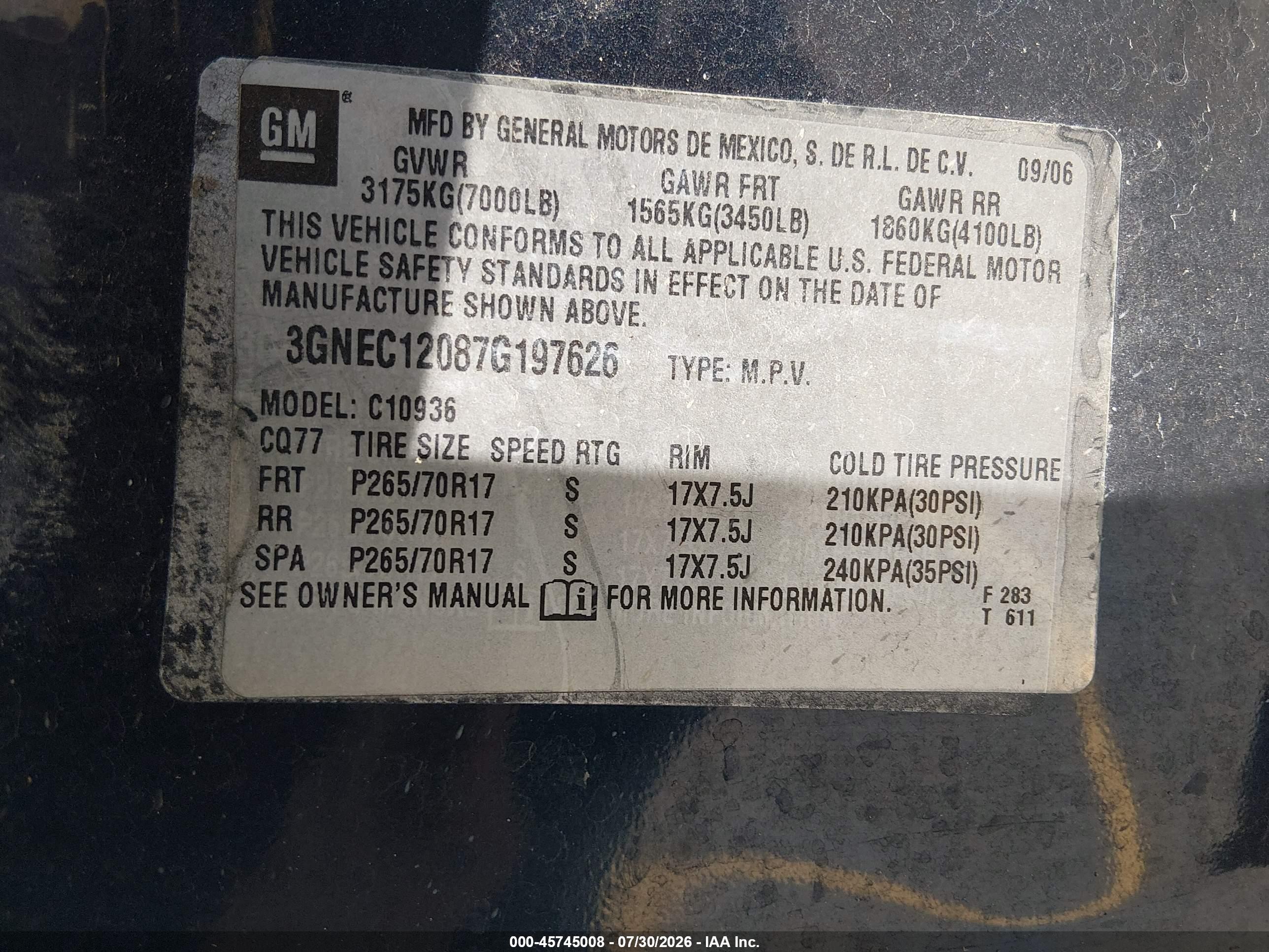 2007 Chevrolet Avalanche 1500 Lt Blue vin: 3GNEC12087G197626