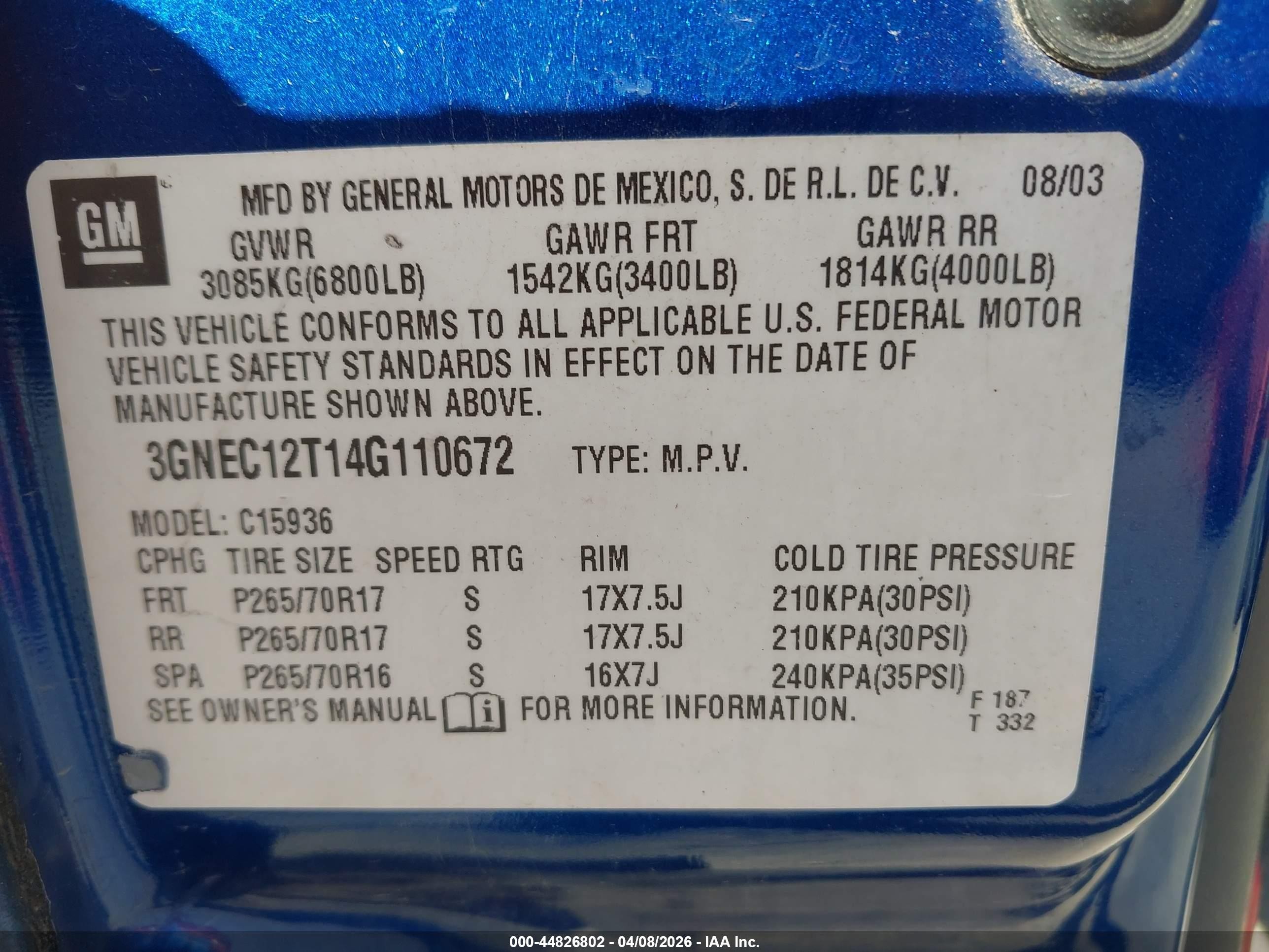 2004 Chevrolet Avalanche 1500   Blue vin: 3GNEC12T14G110672
