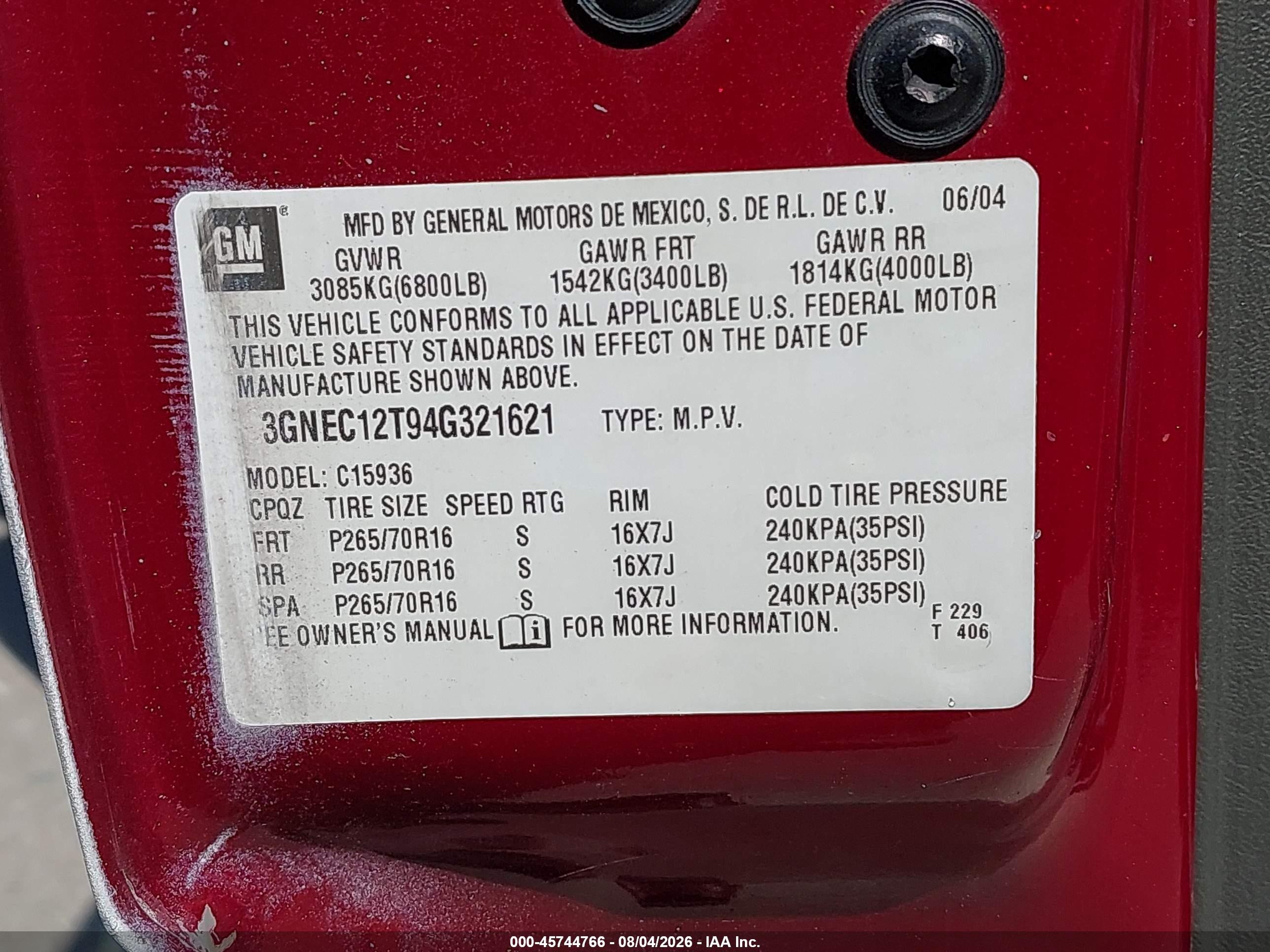 2004 Chevrolet Avalanche 1500   Burgundy vin: 3GNEC12T94G321621