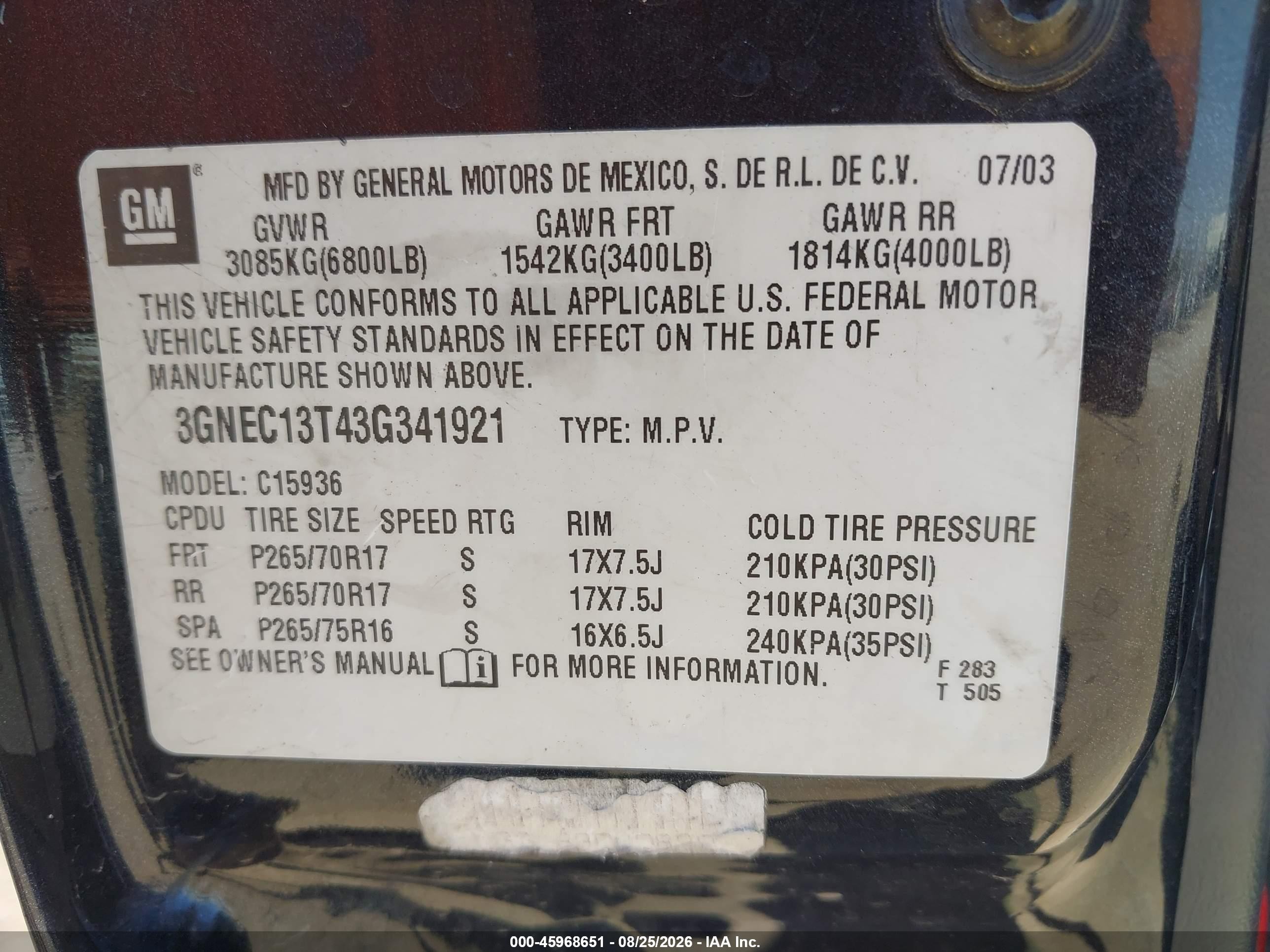 2003 Chevrolet Avalanche 1500   Gray vin: 3GNEC13T43G341921