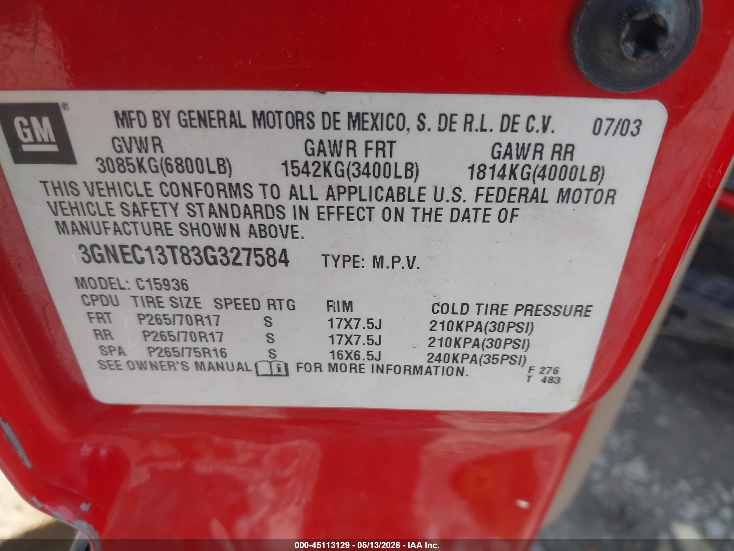 2003 Chevrolet Avalanche 1500   Red vin: 3GNEC13T83G327584
