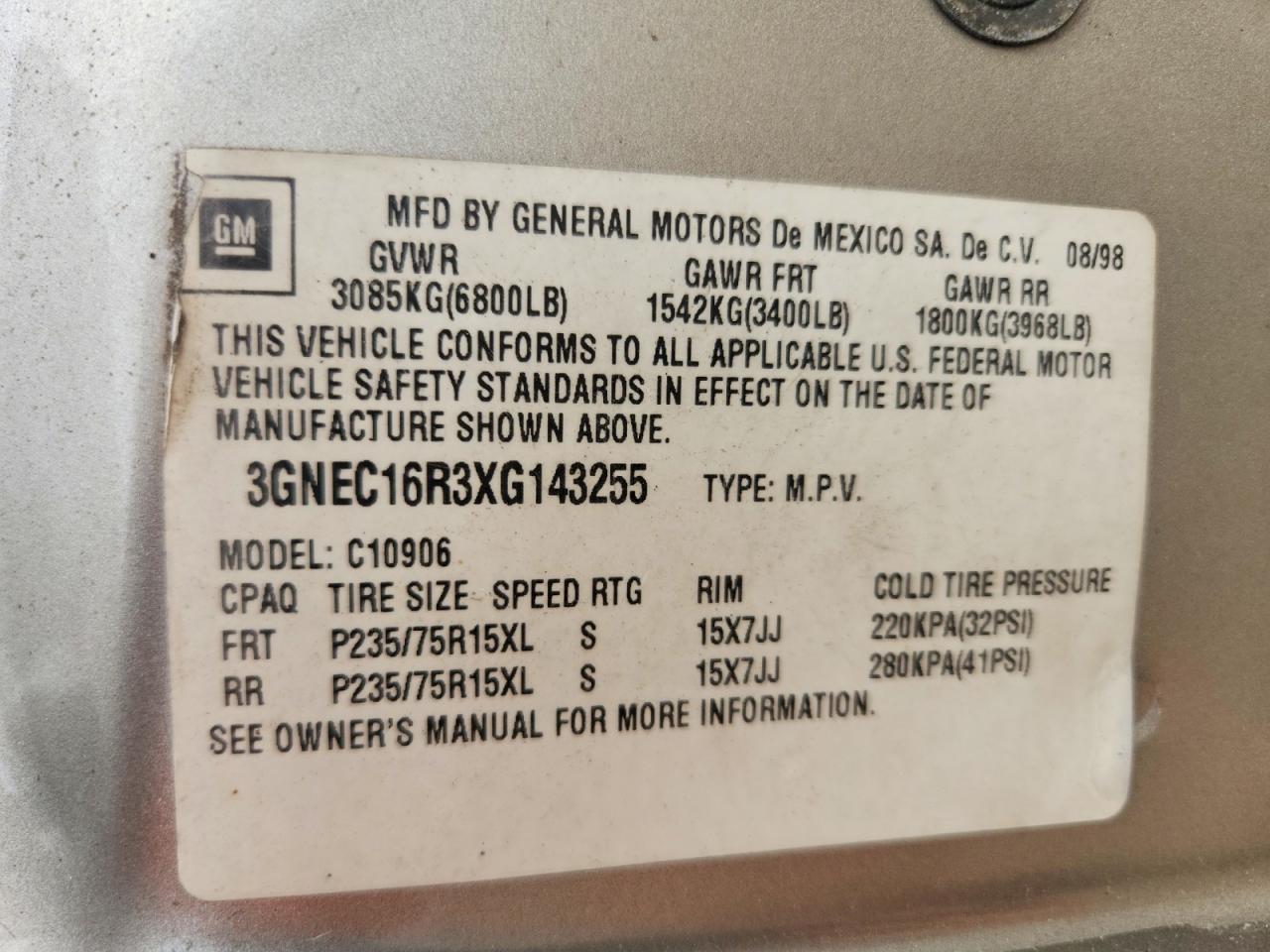 1999 Chevrolet Suburban C1500 Tan vin: 3GNEC16R3XG143255