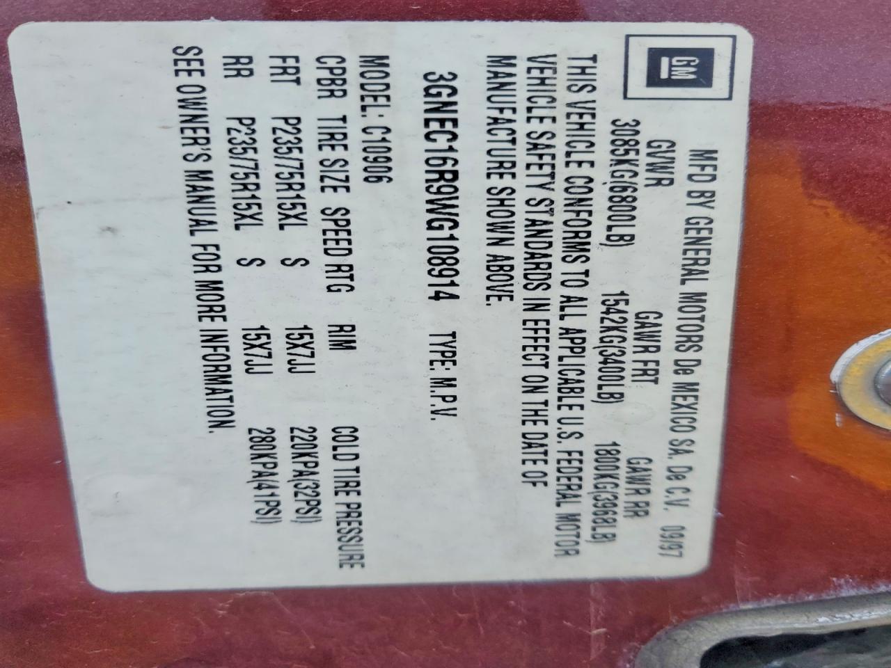 1998 Chevrolet Suburban C1500 Burgundy vin: 3GNEC16R9WG108914