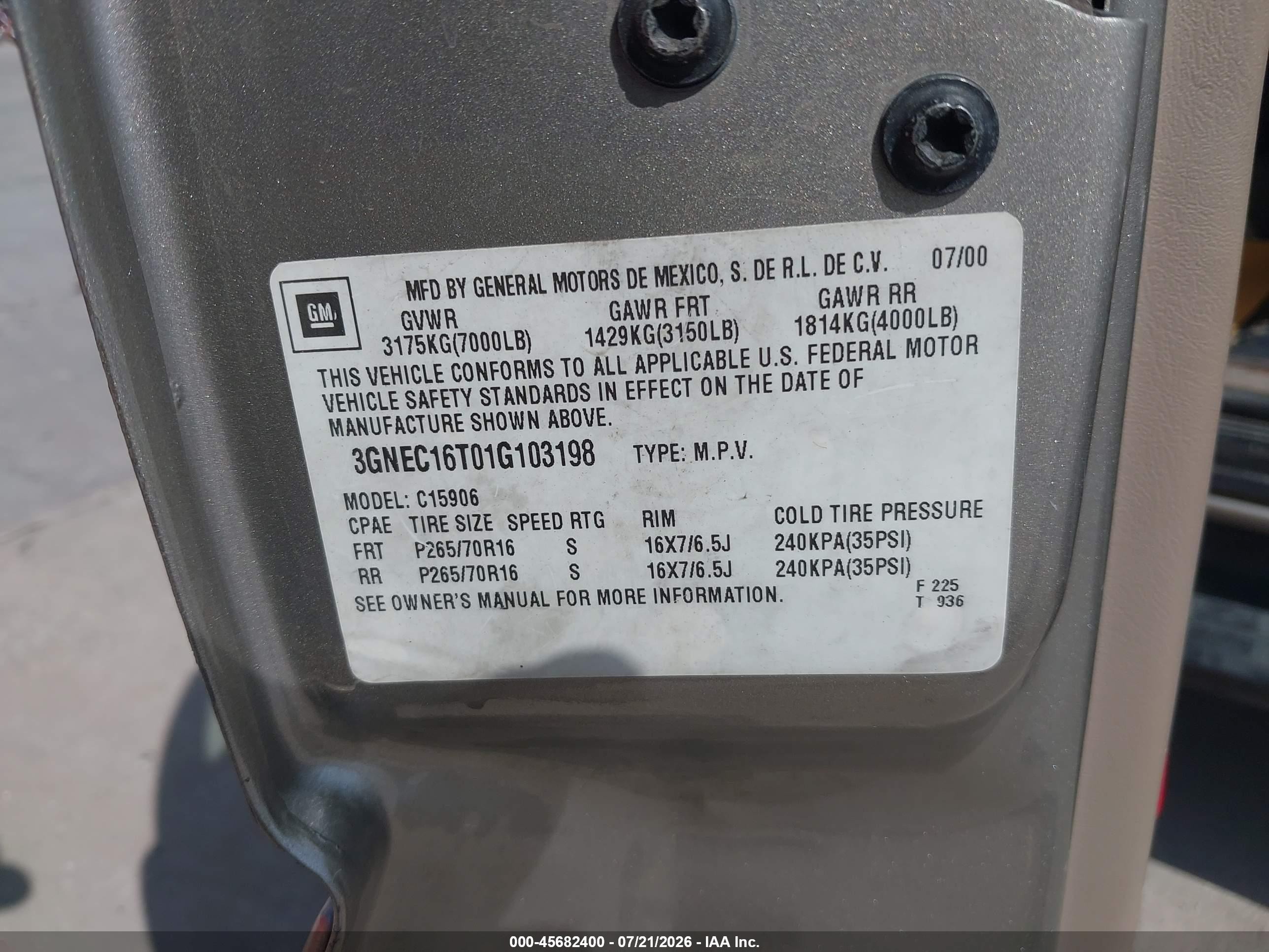 2001 Chevrolet Suburban 1500 Lt Золотой vin: 3GNEC16T01G103198