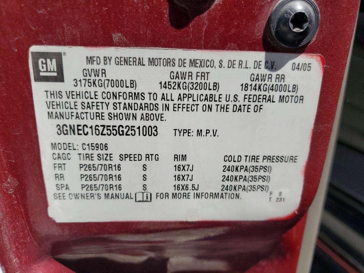 2005 Chevrolet Surburban Burgundy vin: 3GNEC16Z55G251003