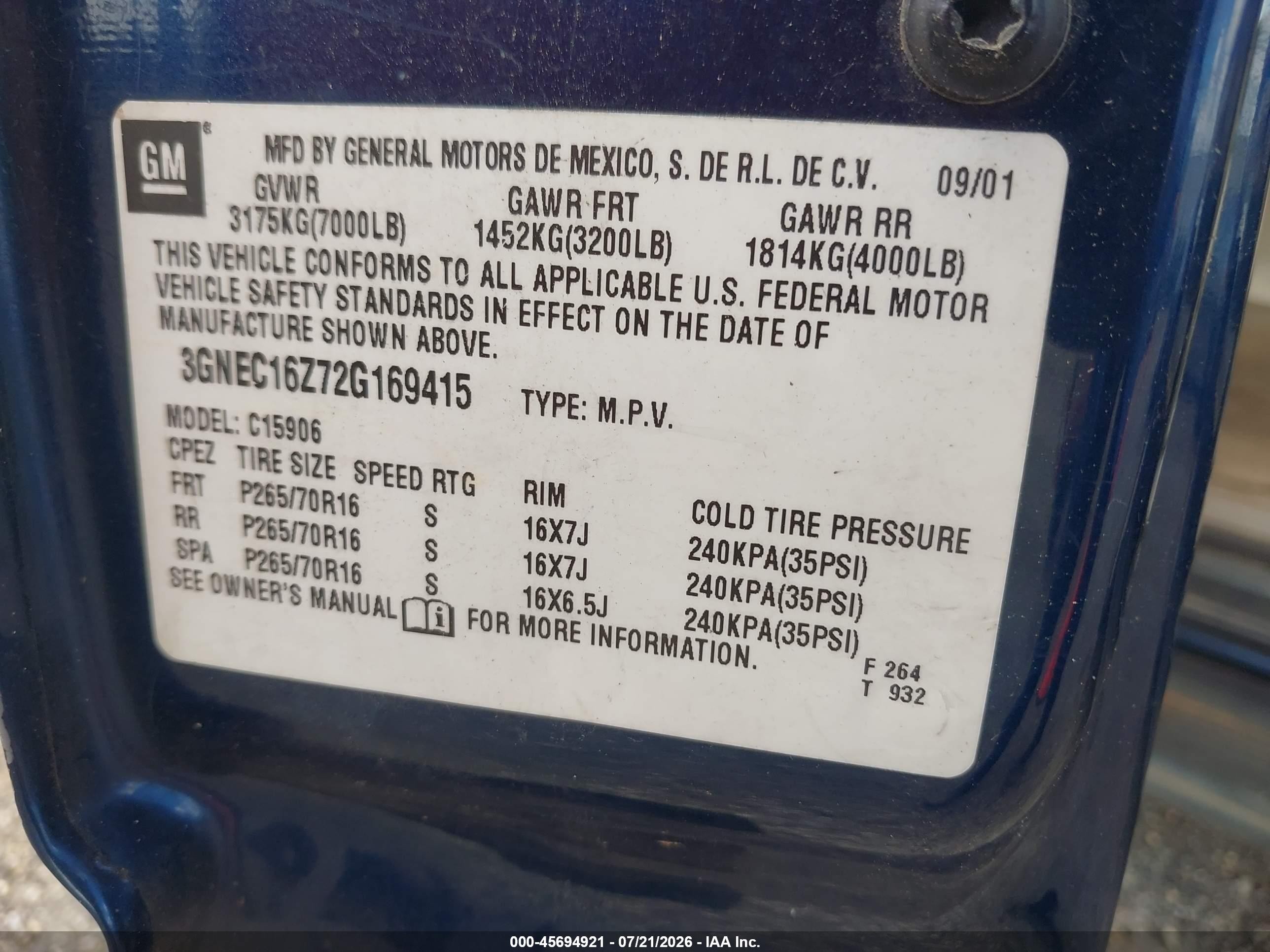 2002 Chevrolet Suburban 1500 Lt Blue vin: 3GNEC16Z72G169415