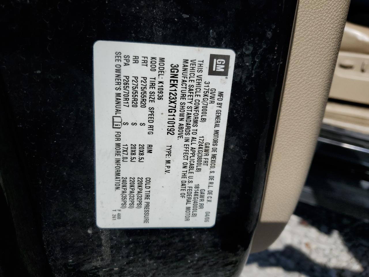 2007 Chevrolet Avalanche K1500 Black vin: 3GNEK123X7G110192