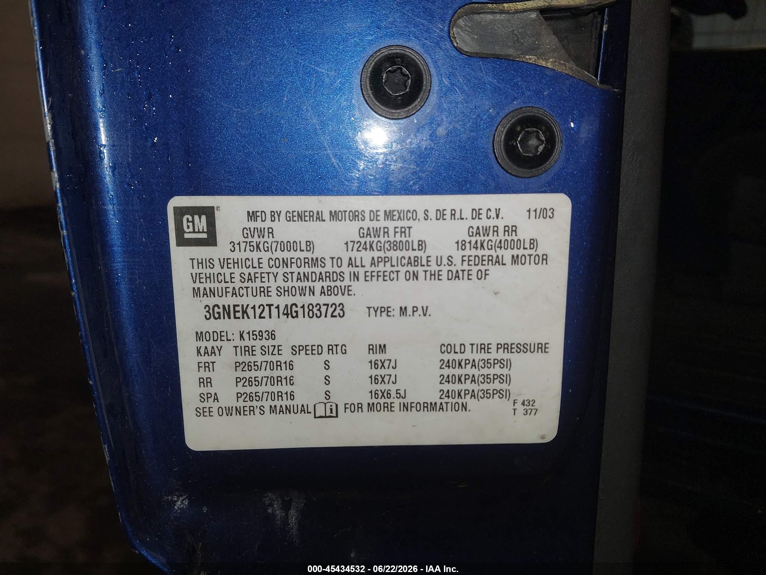 2004 Chevrolet Avalanche 1500   Blue vin: 3GNEK12T14G183723