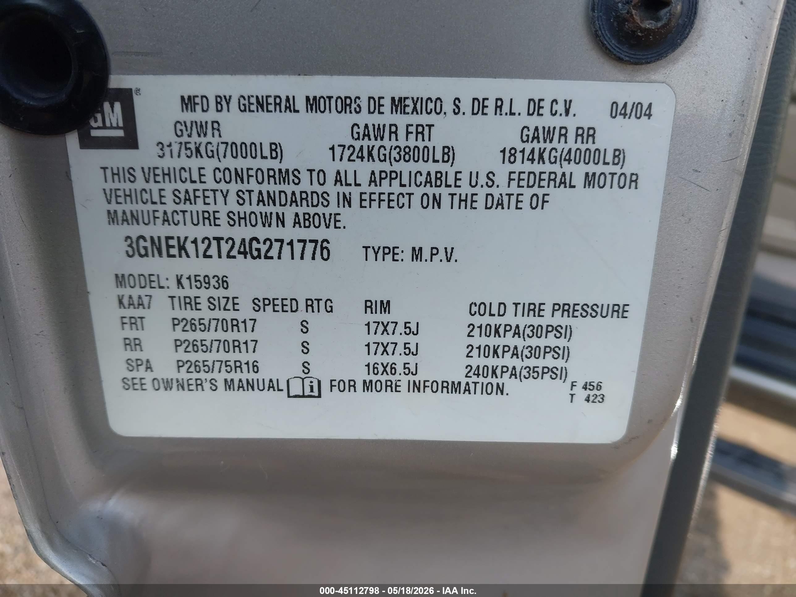 2004 Chevrolet Avalanche 1500   Gray vin: 3GNEK12T24G271776