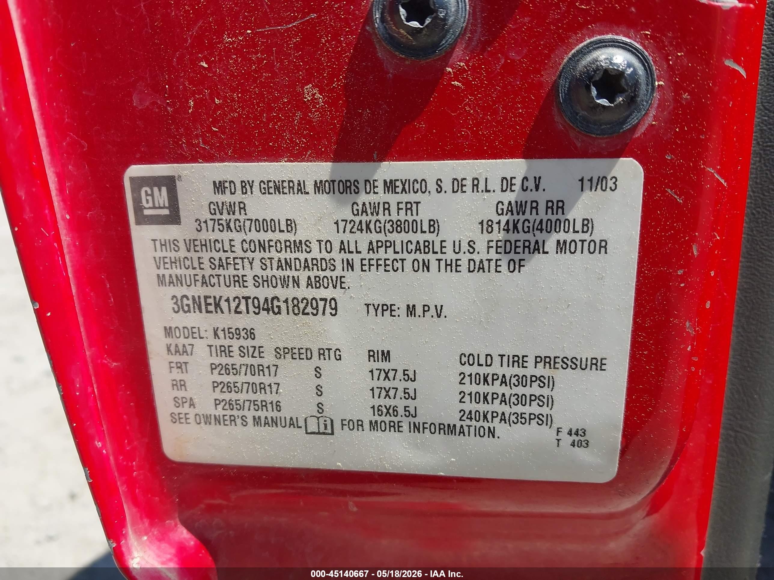 2004 Chevrolet Avalanche 1500   Red vin: 3GNEK12T94G182979