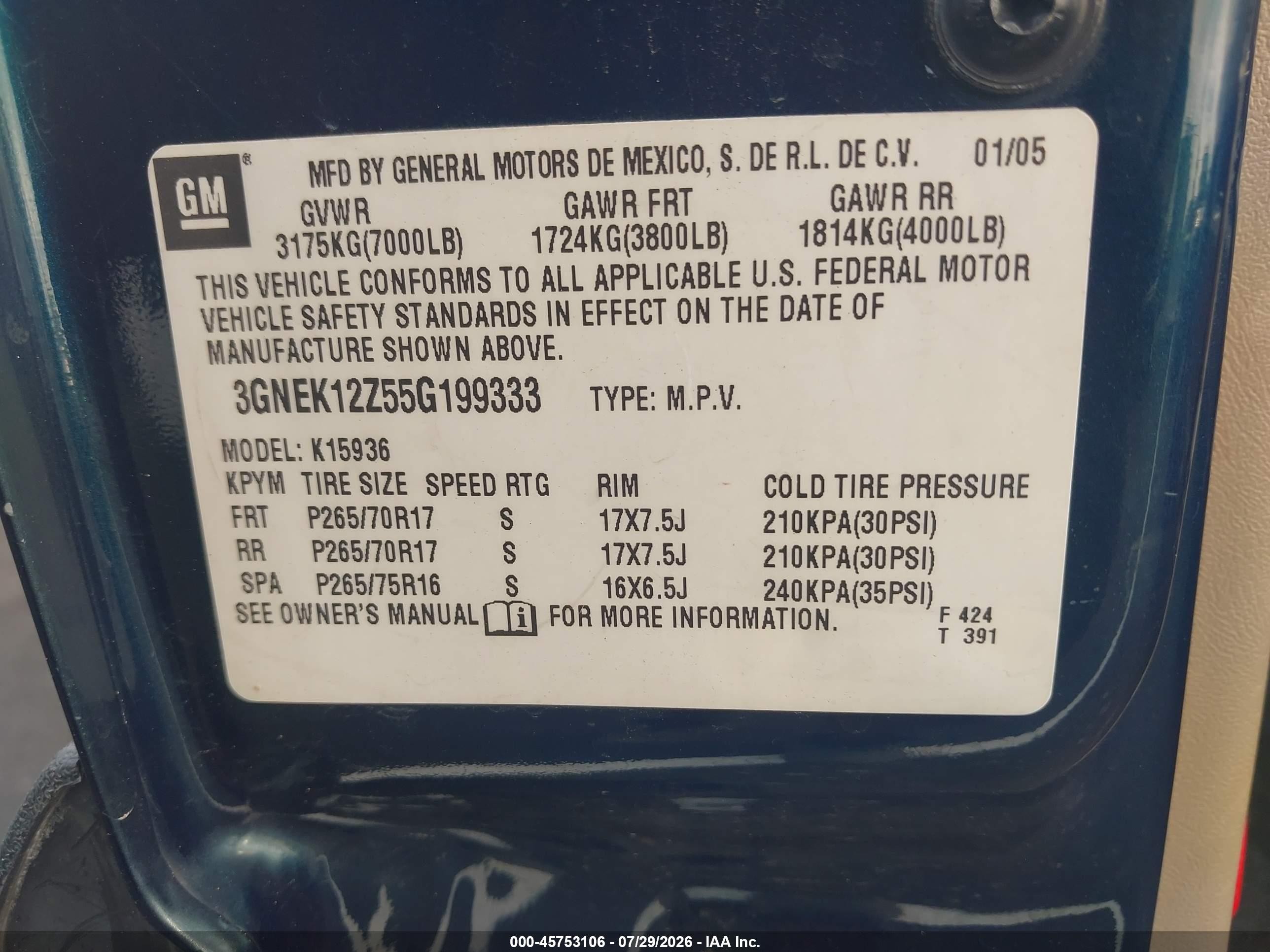 2005 Chevrolet Avalanche 1500 Z71 Blue vin: 3GNEK12Z55G199333